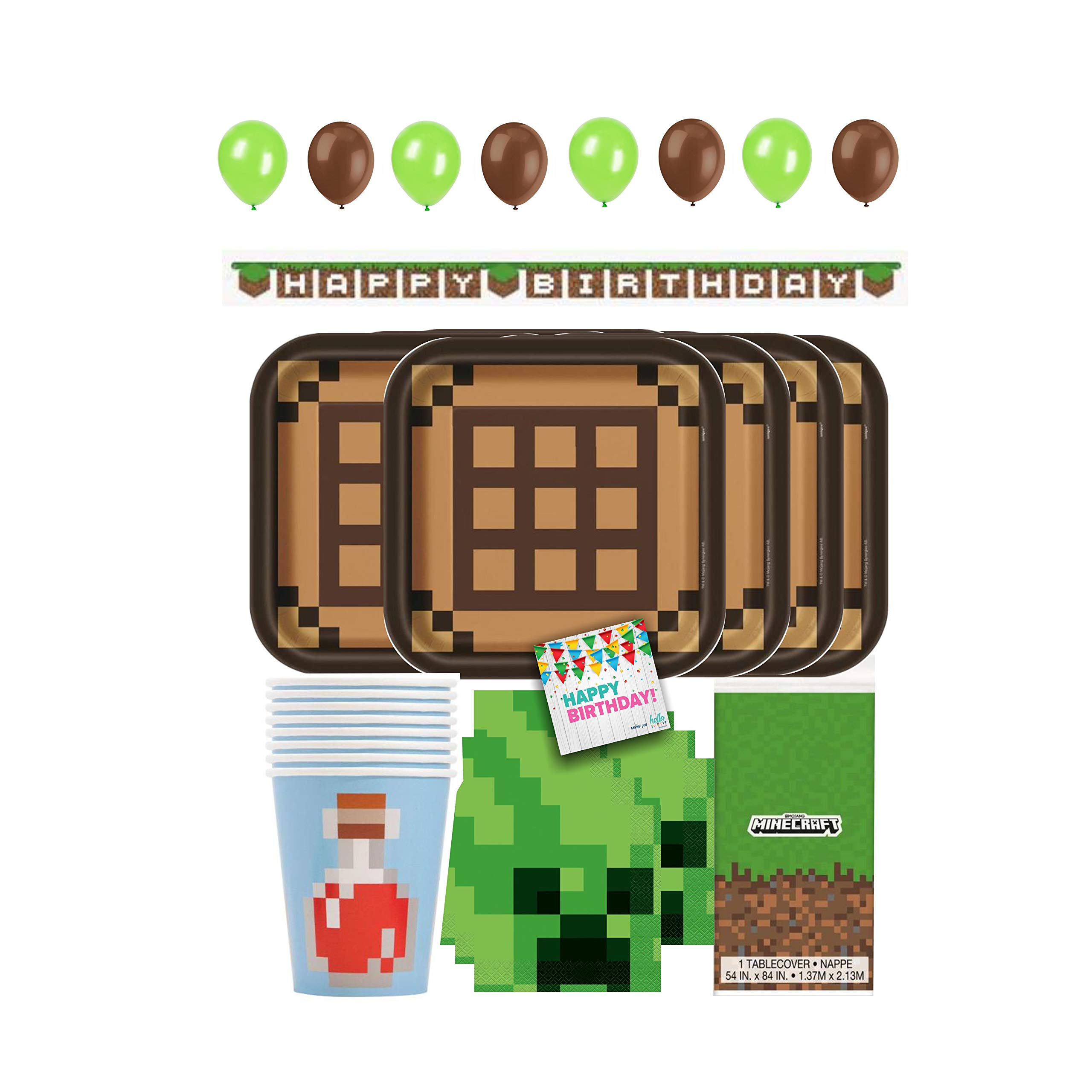 **Minecraft Birthday Party Supplies Kit for 16 Kids - 9oz Cups, Big Plates, Napkins, Tablecover, Hanger Banner & Balloons - Perfect for Minecraft Themed Birthday Decorations, School Events & Gaming Parties**