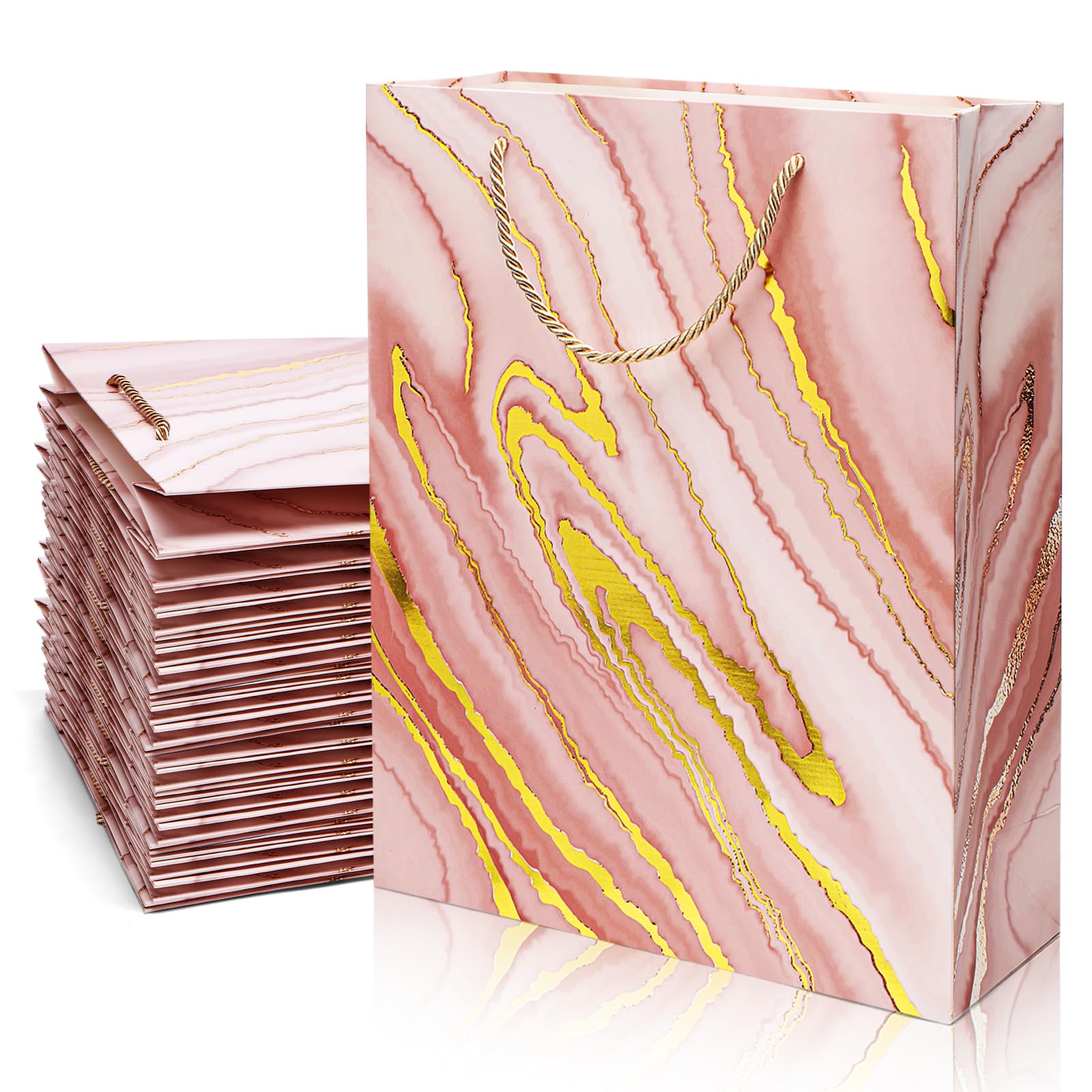 8 Pack Pink Marble Gift Bags 12.6x10.2x3.9 Inch Medium Size Party Favor Bags for Christmas, Valentine's Day, Baby Shower, Birthday, Wedding, Mother's Day - Perfect for Gift Wrapping, Party Decorations & Special Occasions