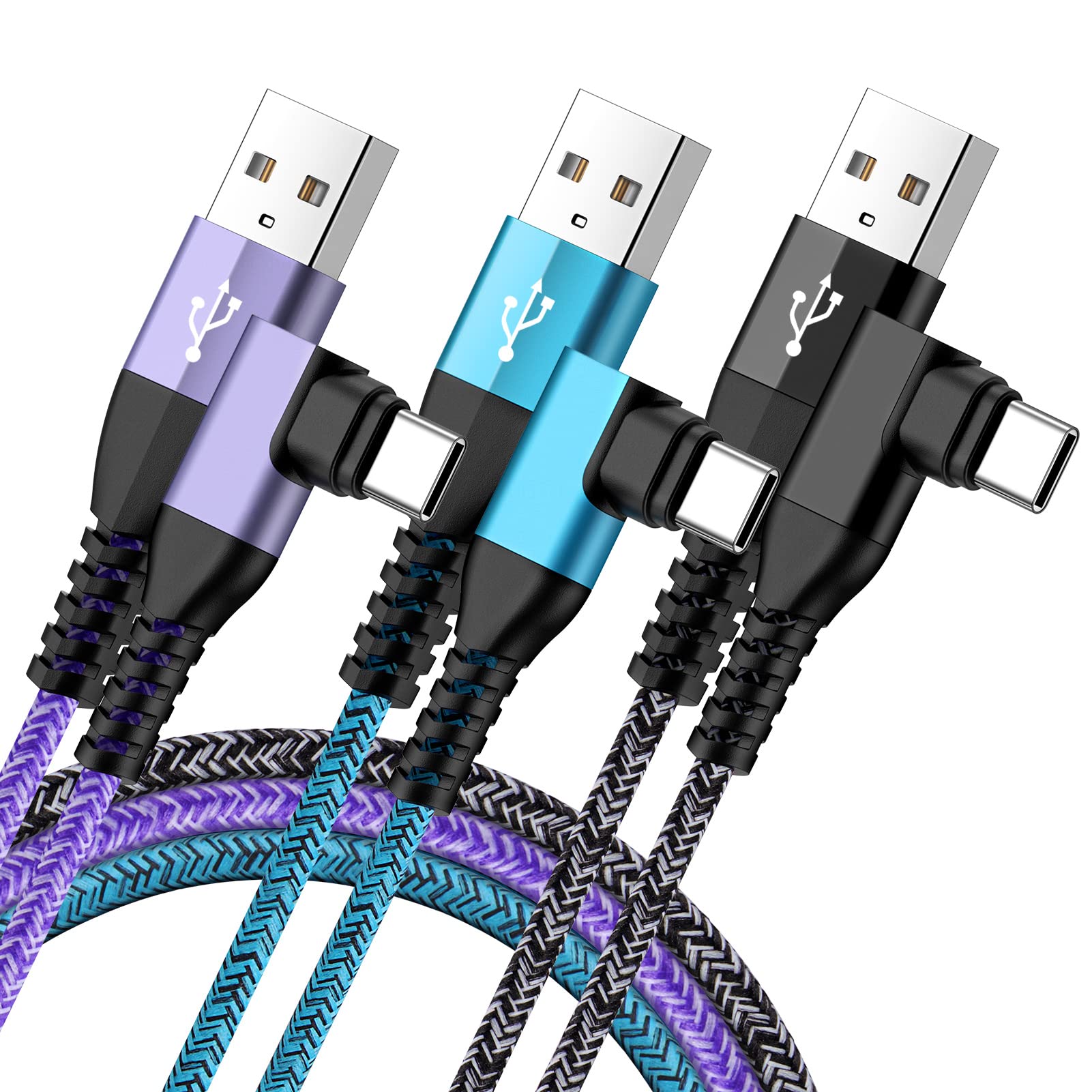 Fast Charging USB C Cable 3-Pack 6FT 90 Degree Type A to C - 3.1A Power Cord for Google Pixel 9 Pro XL 8a 8 7a 7 Pro & Samsung Galaxy A16 A35 A14 A54 S24 S23 Ultra A15 A25 S22 S21 FE - Perfect for Home, Office, and Travel Charging