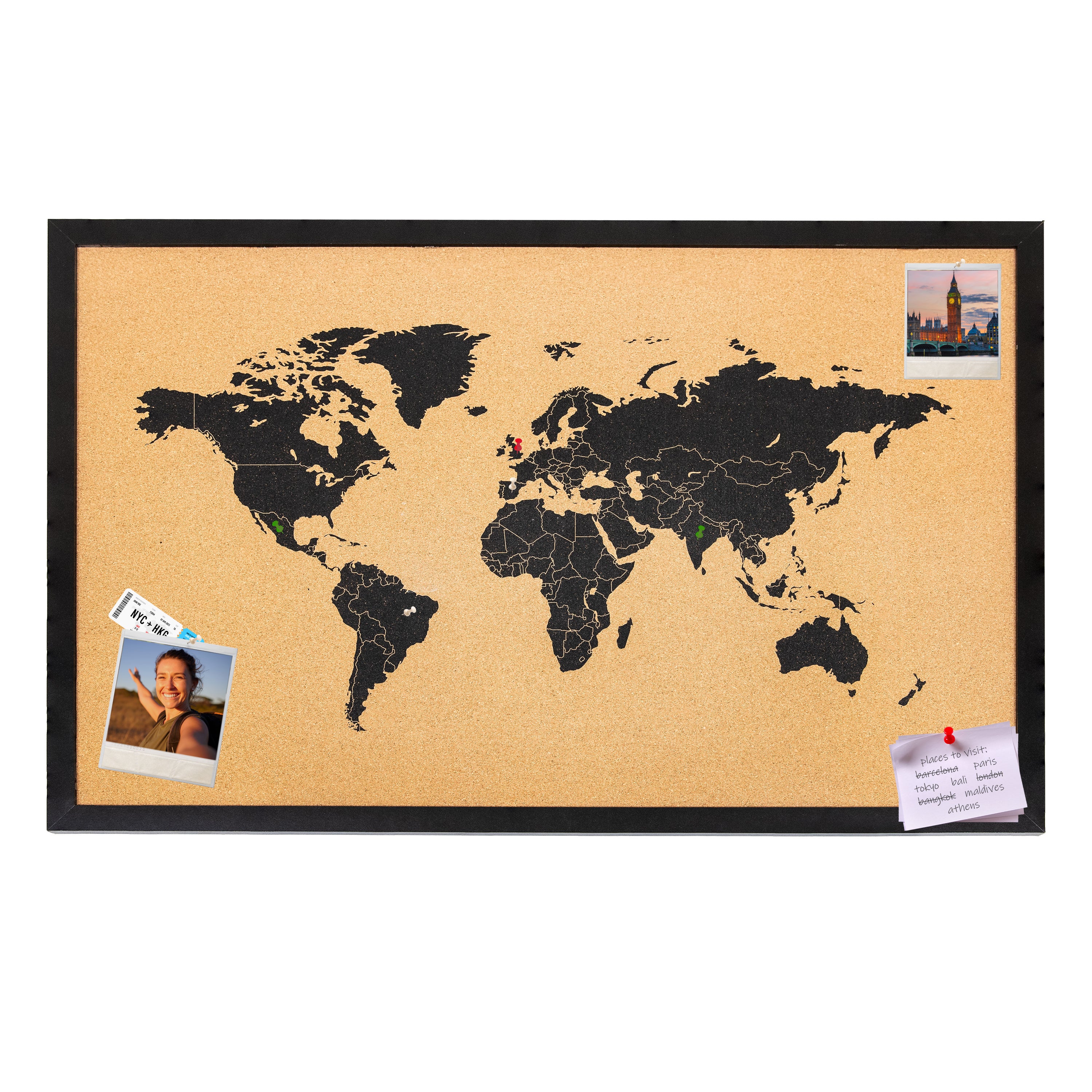 World Map Cork Bulletin Board with Push Pins - 35.5