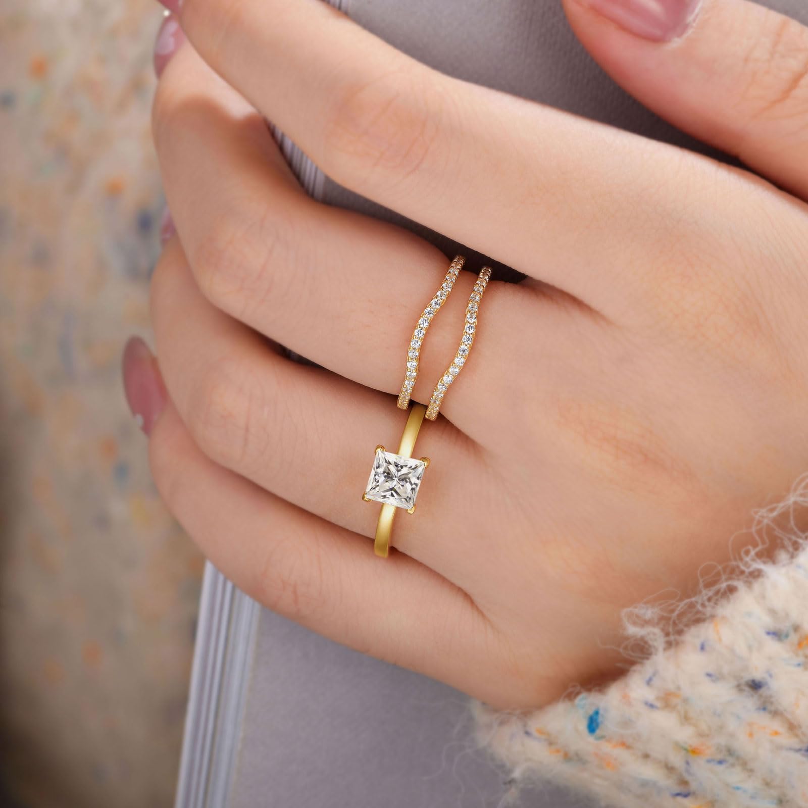 Princess Cut CZ Solitaire Engagement Ring Set with Wedding Band & Ring Enhancer - Sterling Silver Sizes 5-12 | Perfect for Proposals, Anniversaries & Bridal Jewelry