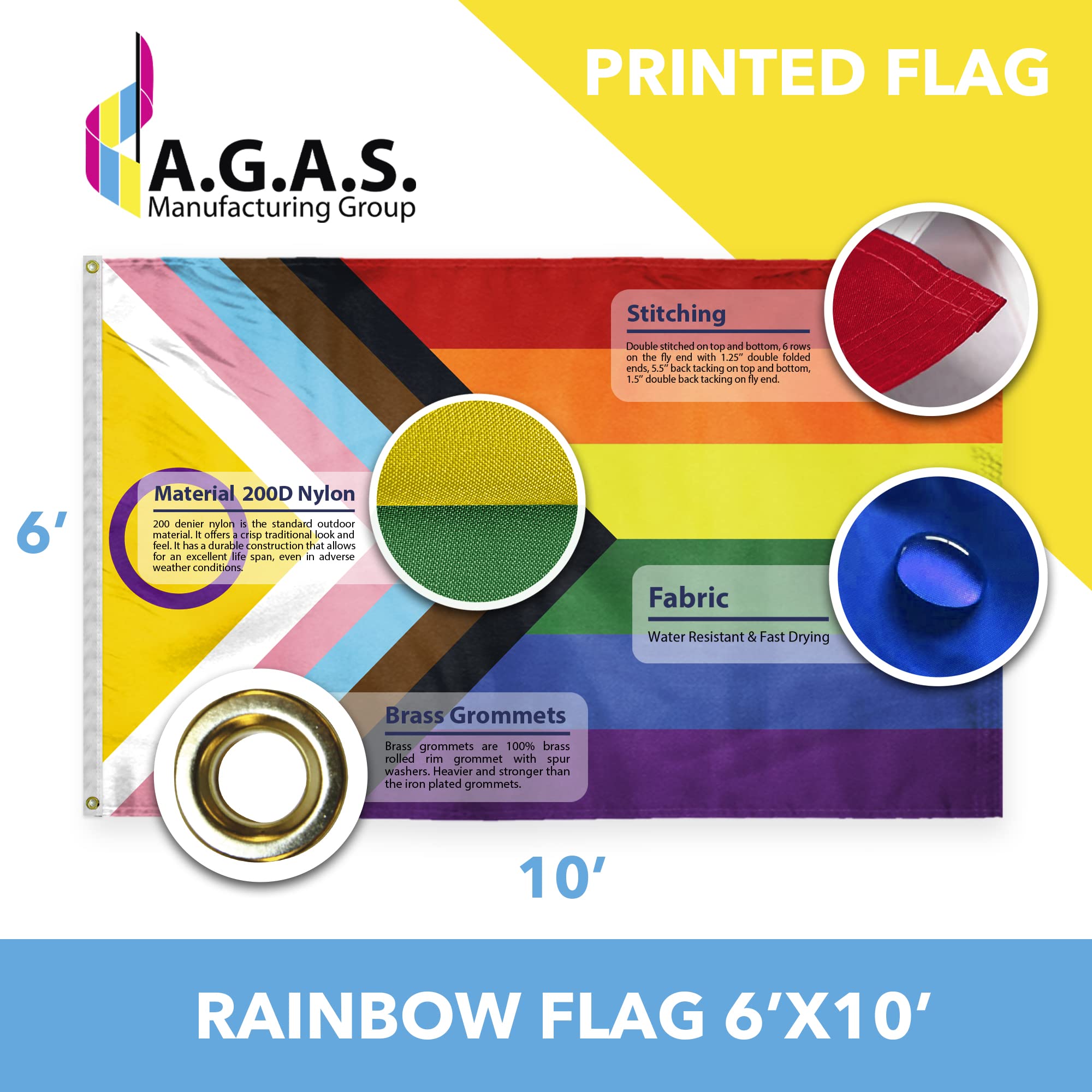 AGAS 6' x 10' Ft Intersex Pride Flag - Vibrant Nylon LGBTQ+ Flag with 6 Stripes, Fade-Resistant & Durable Canvas Header, 2 Metal Grommets - Perfect for Pride Parades, Home Decoration & LGBTQ Events