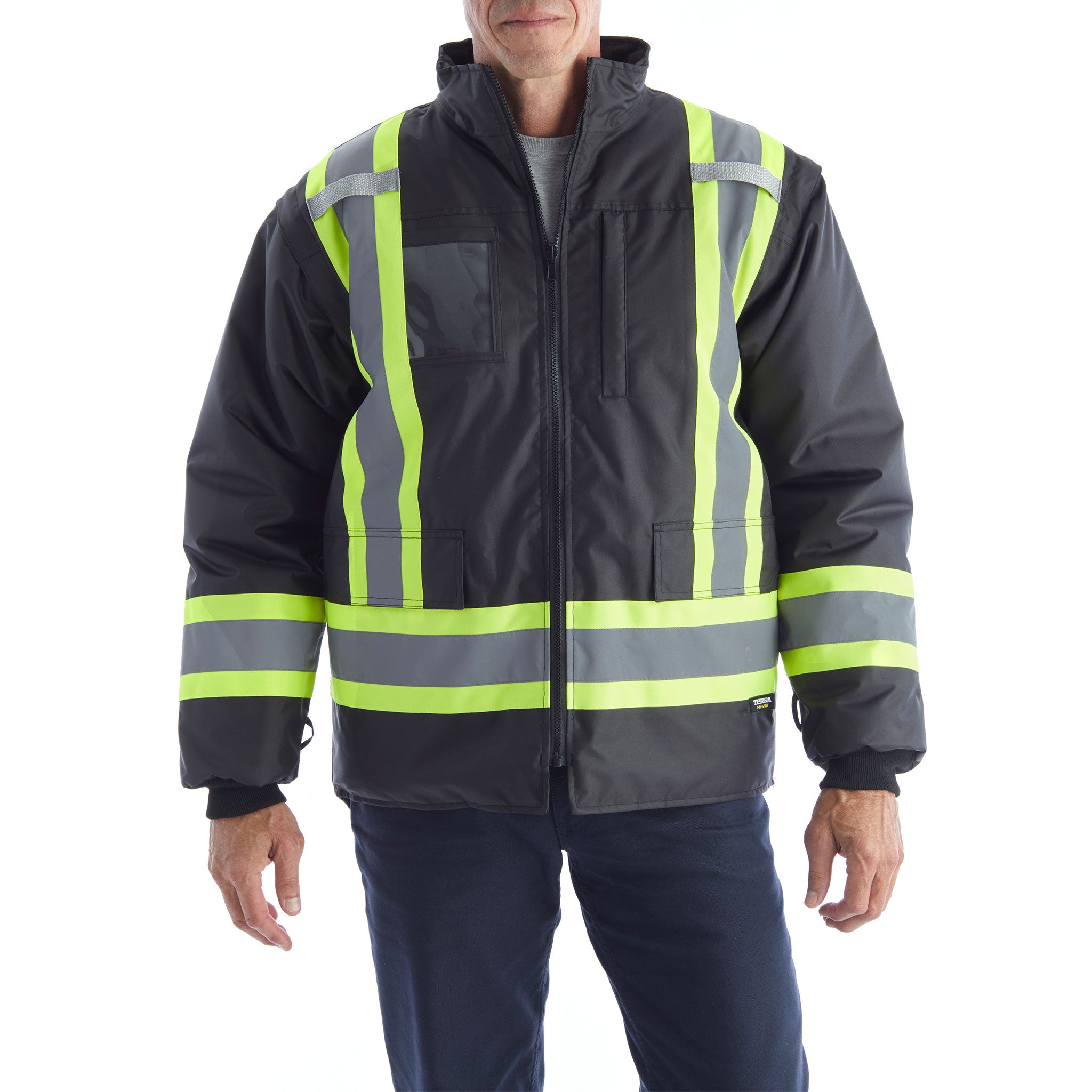 Terra Hi-Vis 7-in-1 Winter Work Jacket with Reflective Strips - Heavy Duty Cold Weather Safety Jacket for Construction & Outdoor Work - Black (Model 116501) | Ideal for Snow Removal, Road Work & Emergency Services