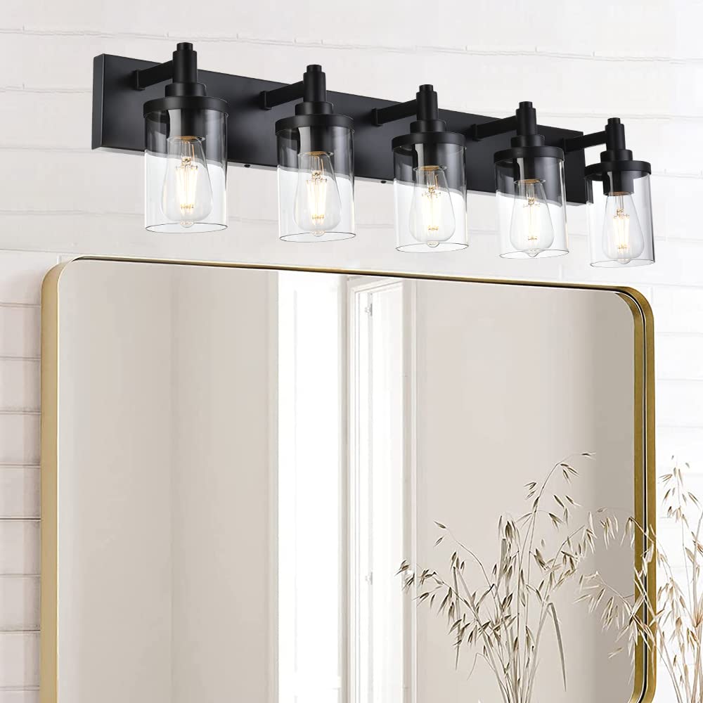 Modern Black 5-Light Bathroom Vanity Lighting Fixture with Clear Glass Shade - E26 Wall Mount Mirror Light for Bathroom, Hallway, Kitchen & Living Room - Perfect for Makeup, Grooming & Ambient Lighting