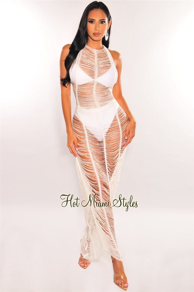 White Crochet Ladder Cut Halter Open Back Maxi Cover Up Dress - Beach Wedding, Pool Party & Summer Vacation Outfit