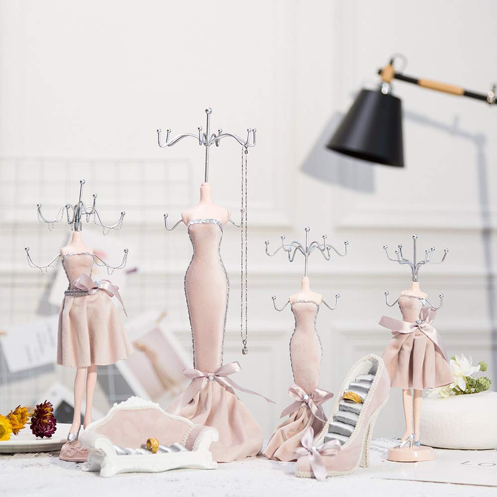 6-Piece Jewelry Organizer Set - Hanging Earring Necklace Ring Display Stand with Mannequin High Heel Shoe Holder & Removable Hooks - Perfect for Bedroom Vanity, Closet Storage & Gift Giving - Elegant Pink Home Decor Accessory