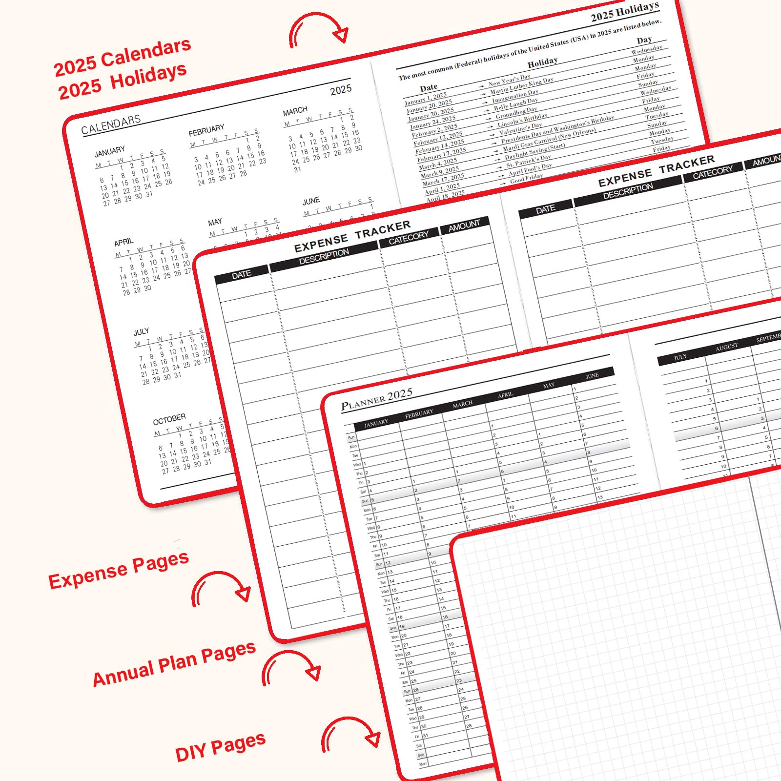 2025 Daily & Hourly Planner - January to December Calendar Agenda Notebook with Faux Leather Cover, 8.5