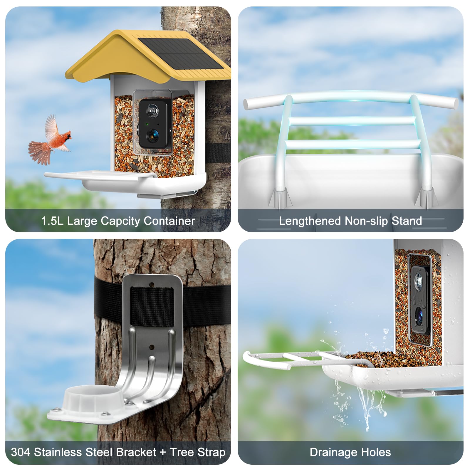 Smart Bird Feeder Camera with Free AI - 1080P HD Auto Capture, Solar Powered, Motion Detection & App Alerts, Includes 32GB TF Card (Yellow) - Perfect for Backyard Bird Watching & Wildlife Monitoring