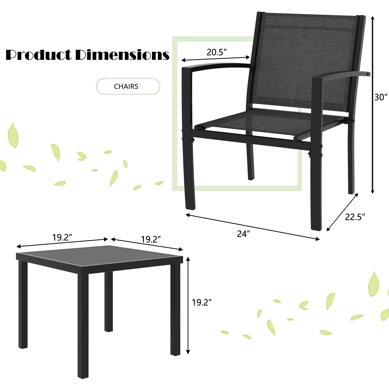 Greesum 3-Piece Outdoor Patio Furniture Set with Textilene Fabric Chairs & Glass Coffee Table - Perfect for Lawn, Garden, Balcony, Poolside Relaxation and Entertaining