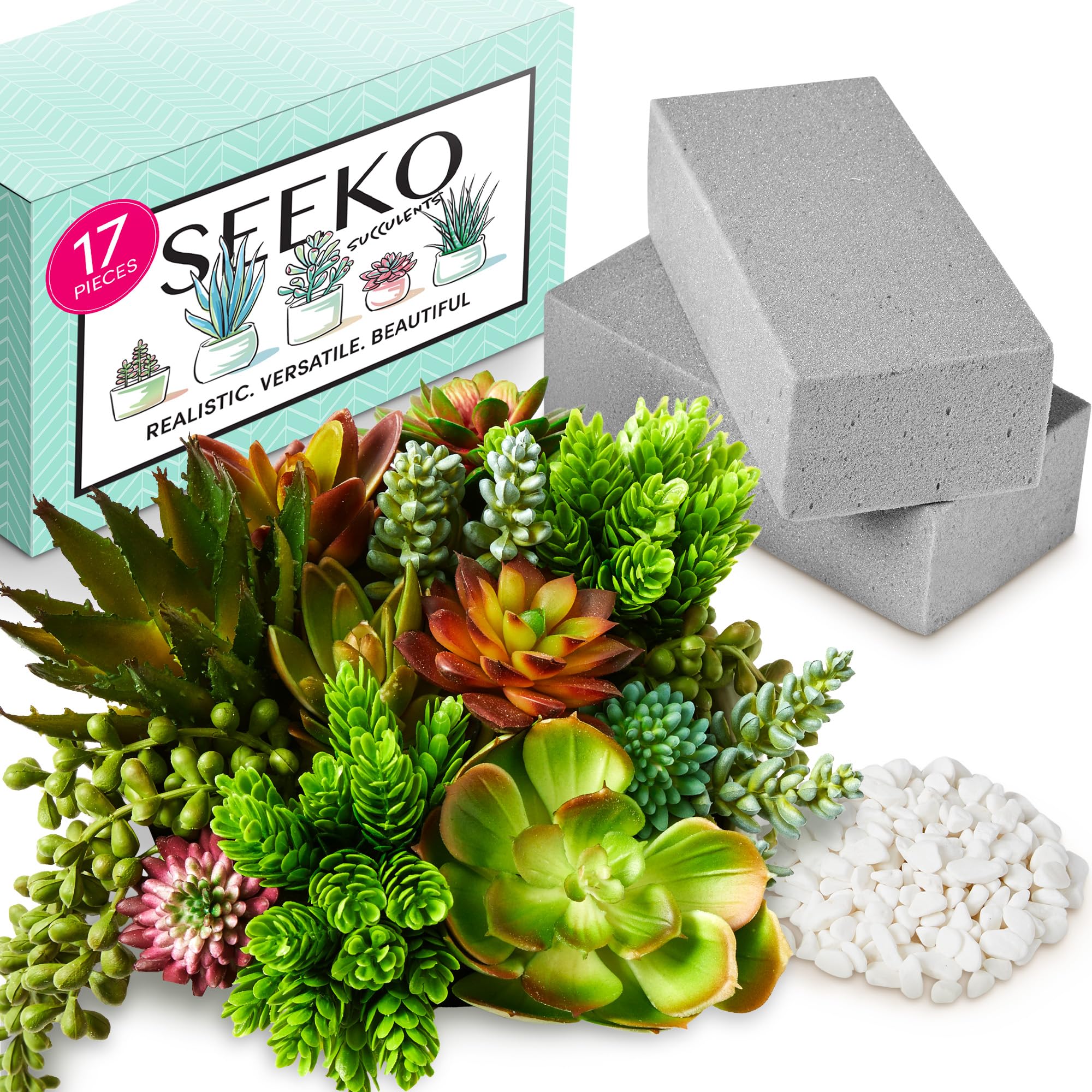 17 Pack Realistic Artificial Succulents Plants - Fake Unpotted Succulent Decor with Premium Stones & Floral Foam Blocks - Perfect for DIY Home Decor, Office Desk, Wedding Centerpieces & Tabletop Arrangements
