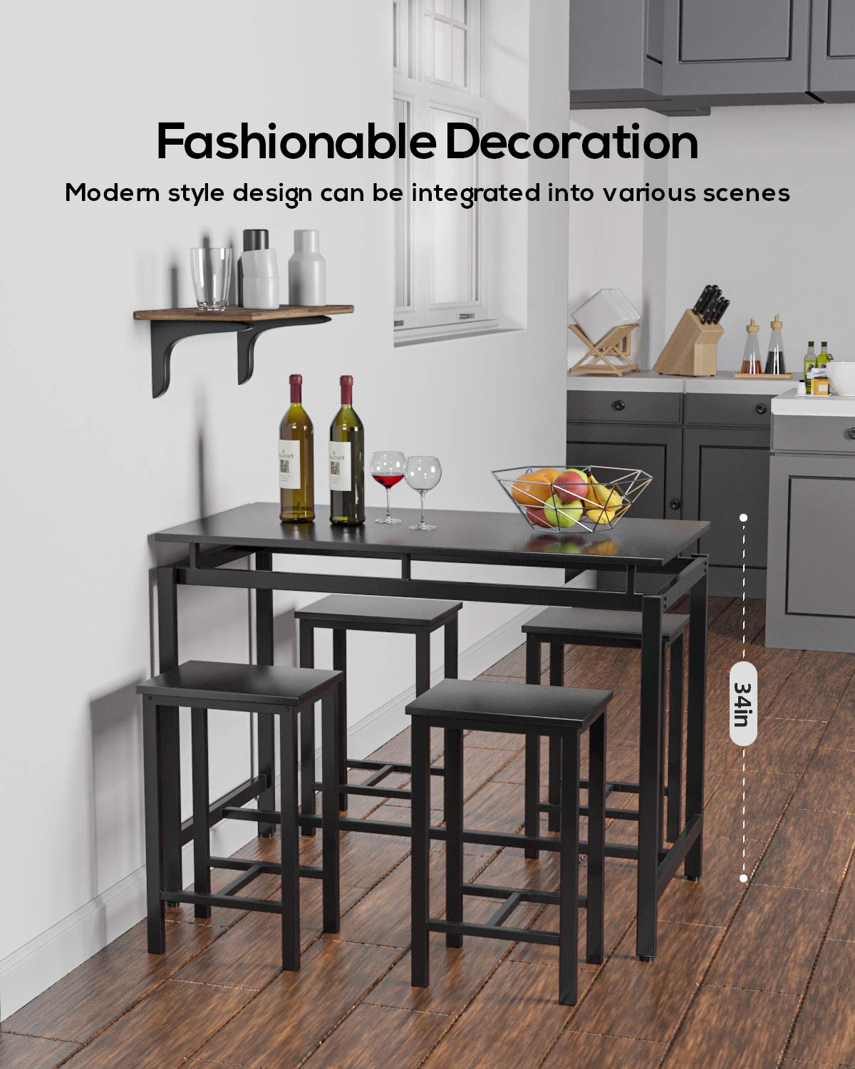 Modern 5-Piece Recaceik Bar Table Set - Farmhouse Counter Height Dining Table & 4 Chairs with Wood Top - Perfect for Small Spaces, Breakfast Nook, Living Room, Restaurant or Pub Setting - Black Finish