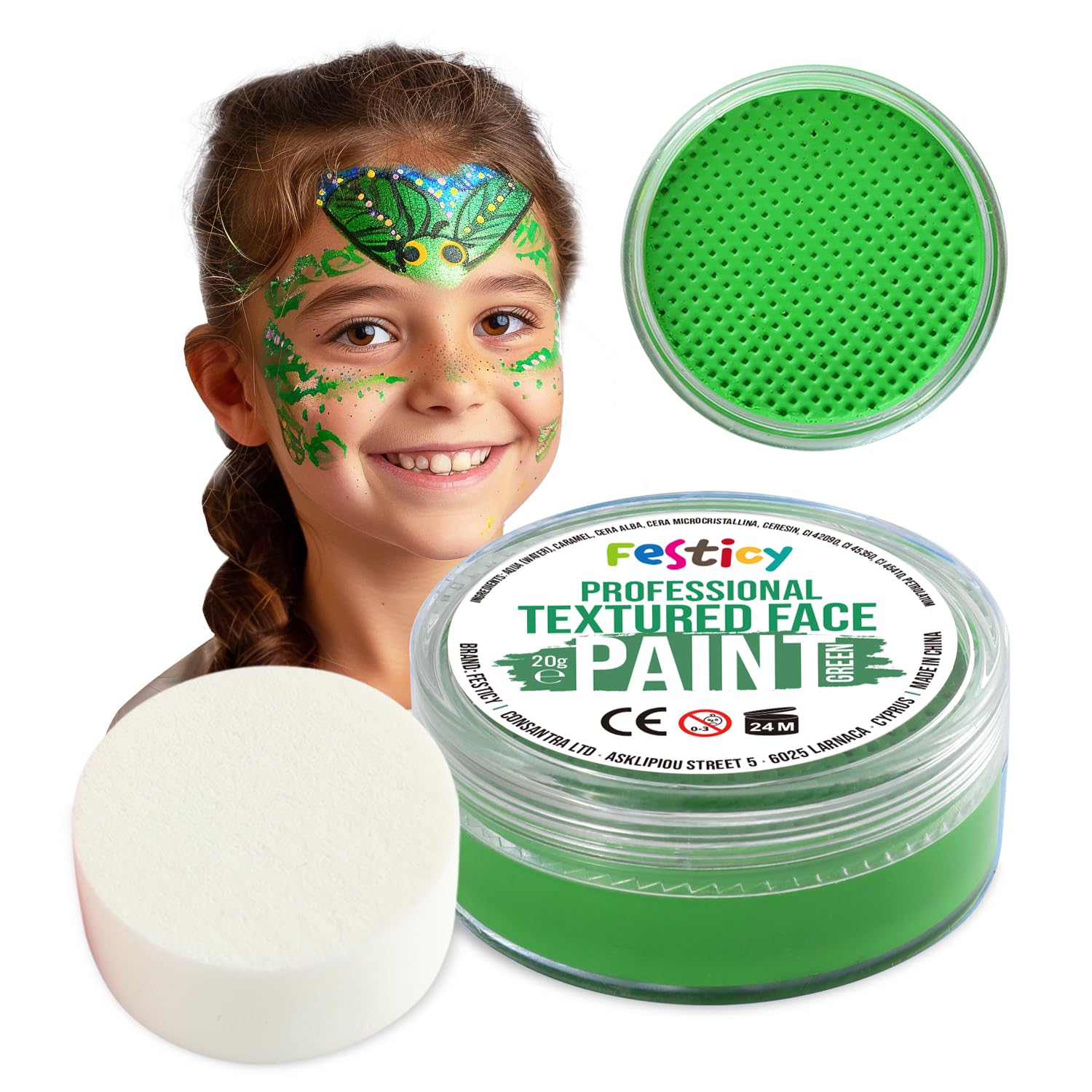 Festicy Kids Face Paint 20g with Sponge | Carnival Makeup for 30+ Faces | Skin-Safe & EN 71-3 Certified | Perfect for Halloween & Parties