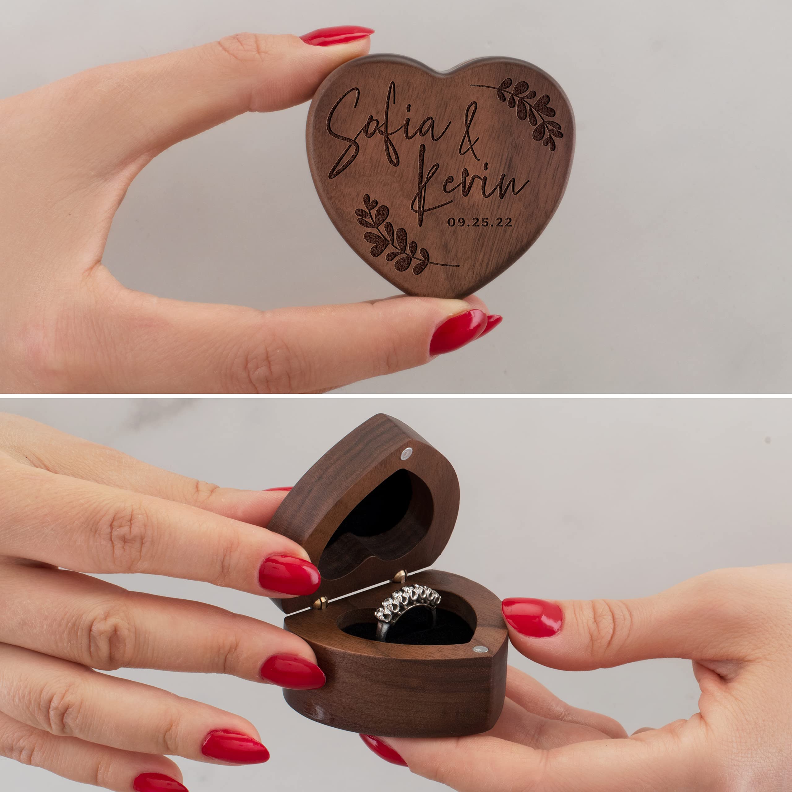 Personalized Wooden Ring Box - Custom Engraved Ring Bearer Box with Name & Family Name - Heart-Shaped Wedding Ring Holder for Proposals - 8 Unique Designs - Perfect for Engagement Ceremonies & Wedding Keepsakes (Ideal for Proposals, Vow Renewals, Anniversary Gifts)