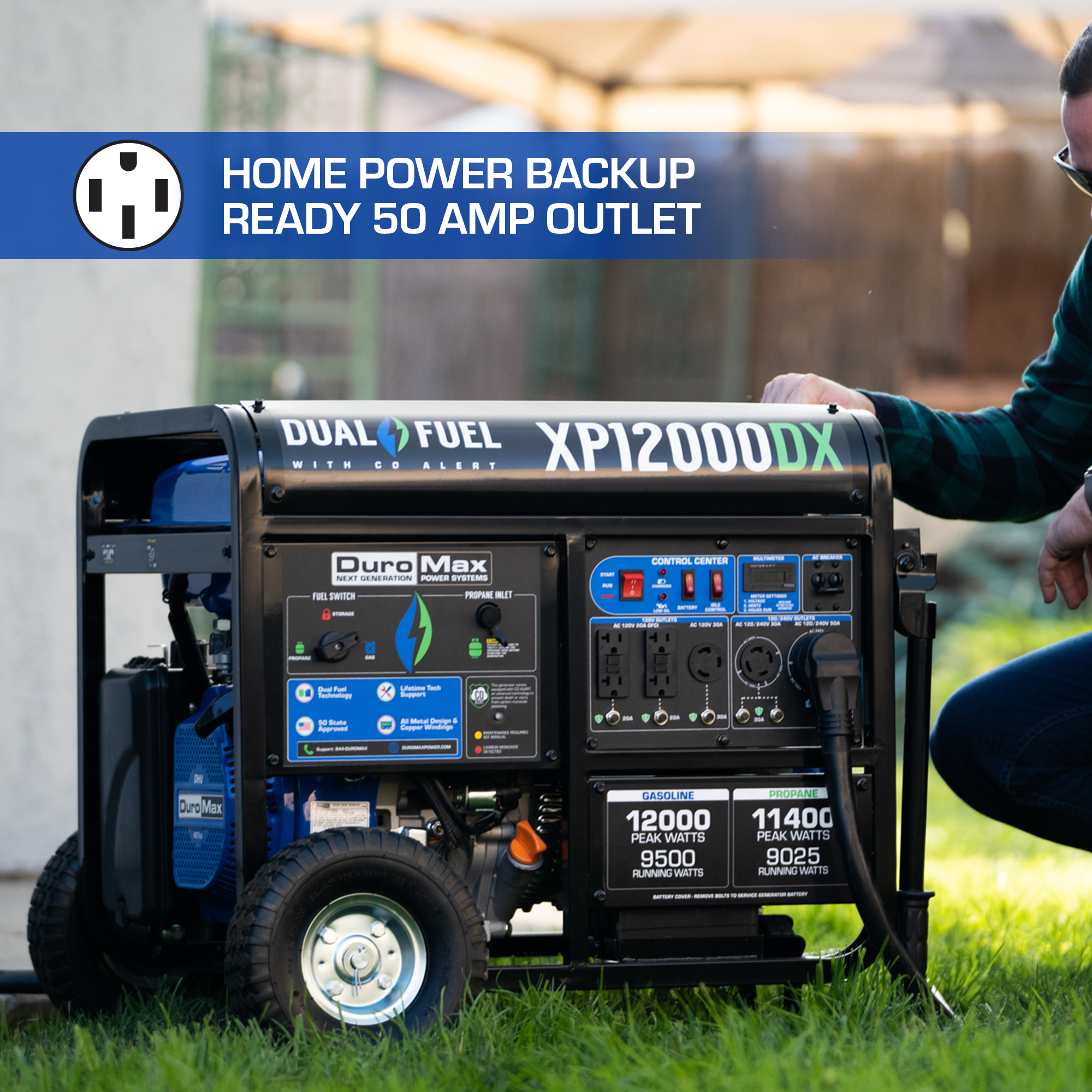 12,000W Dual Fuel Portable Generator with CO Alert - Reliable Backup Power for Home, Camping & Emergency Use