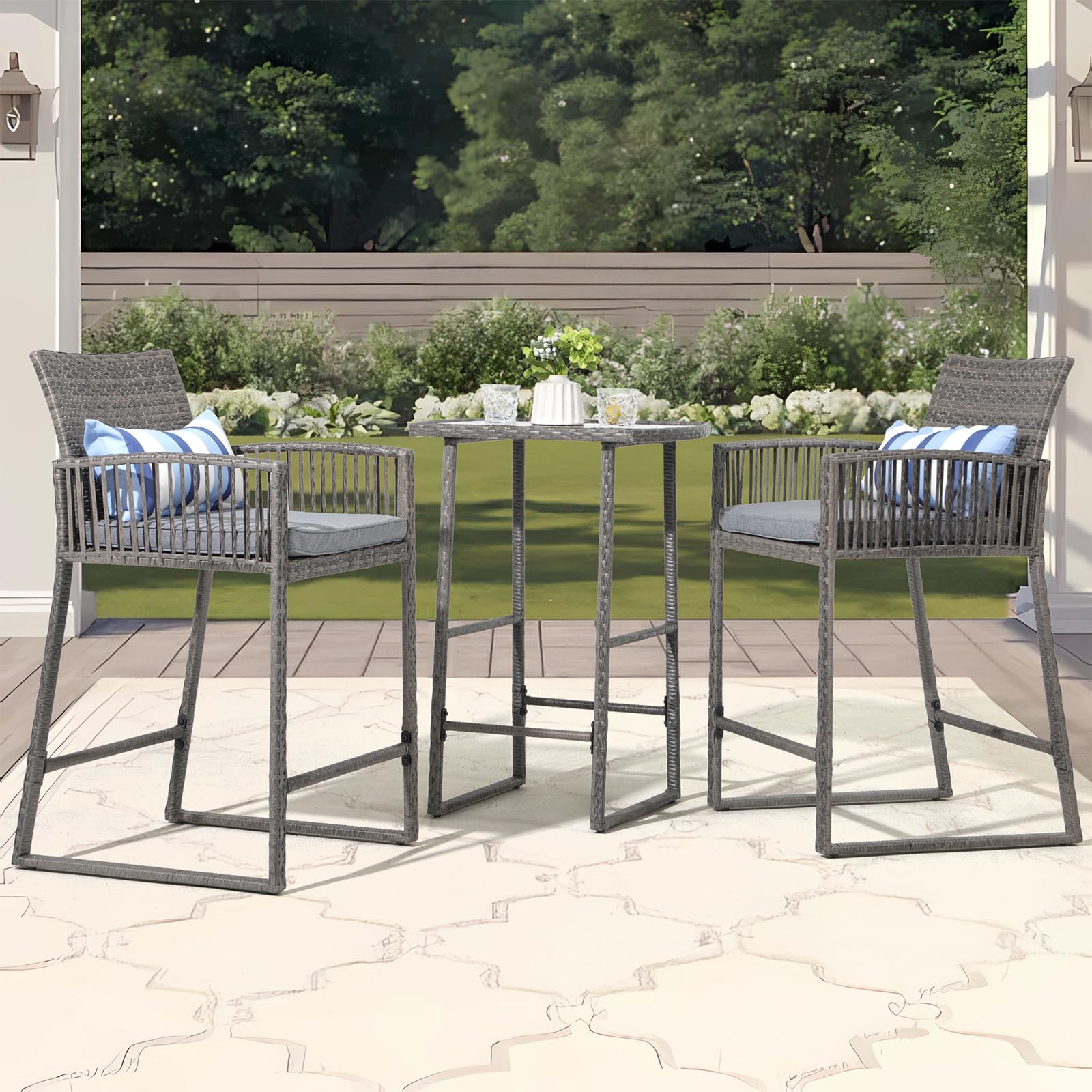SUNSITT 3-Piece Outdoor Wicker Bar Set - 2 Bar Stools & 1 Pub Table with Grey Rattan, Steel Frame & Striped Pillows - Patio, Garden, Poolside Dining Furniture for Backyard, Deck or Balcony