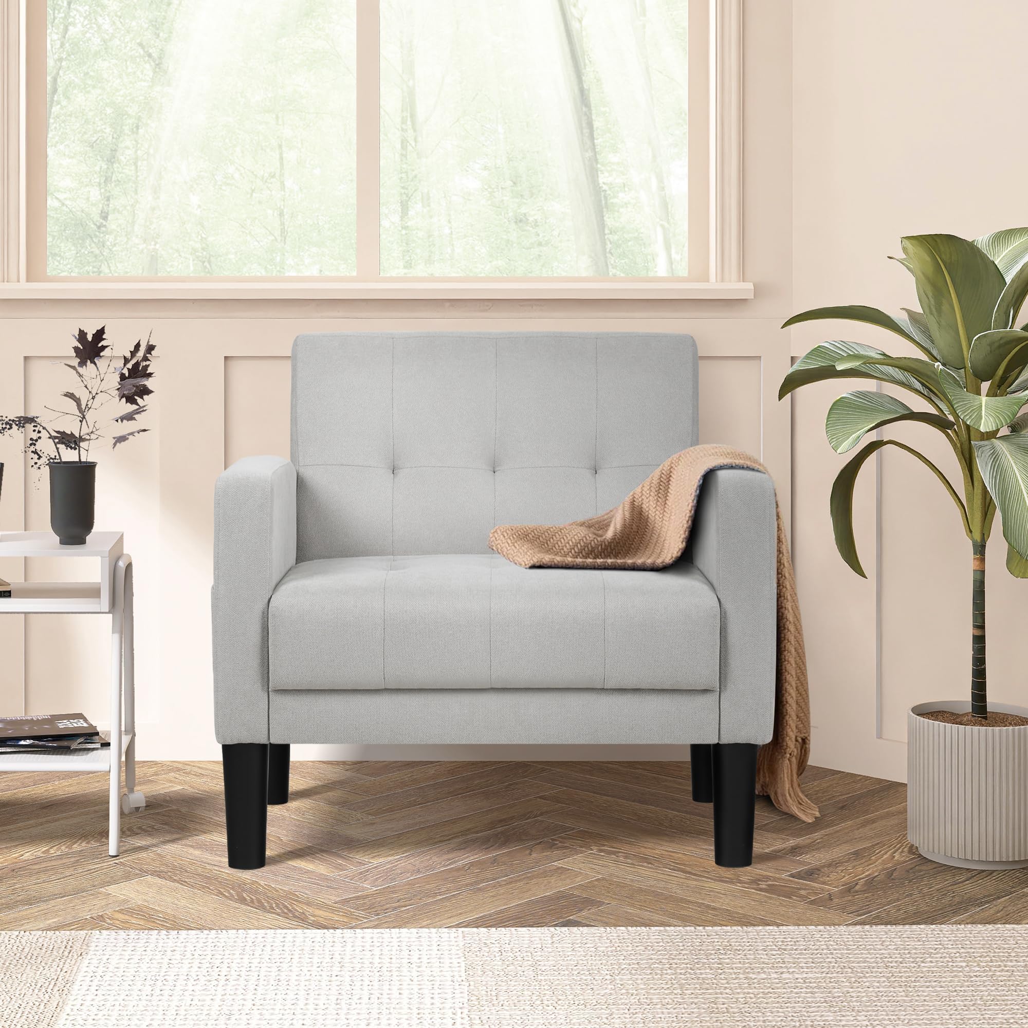 Mid-Century Modern Fabric Accent Armchairs Set of 2 - Light Grey Upholstered Tufted Living Room Chairs for Bedroom, Office & Lounge - Comfortable Reading & Relaxation Furniture for Home Decor
