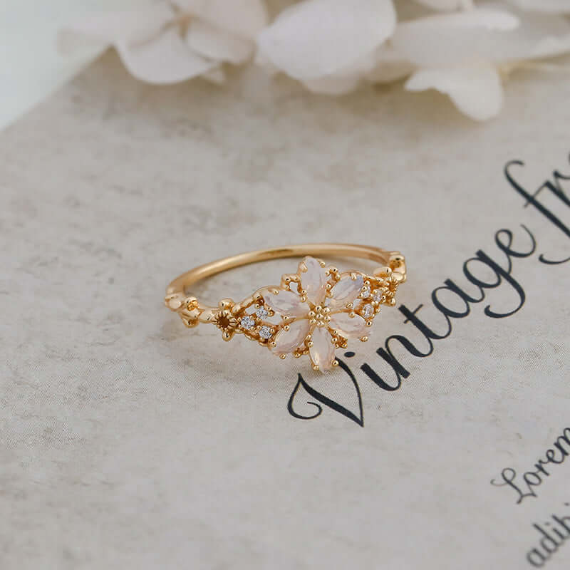 Romantic Moonstone Flower Ring in Gold – Elegant Jewelry for Women | Perfect for Weddings, Anniversaries & Special Occasions | TB2406