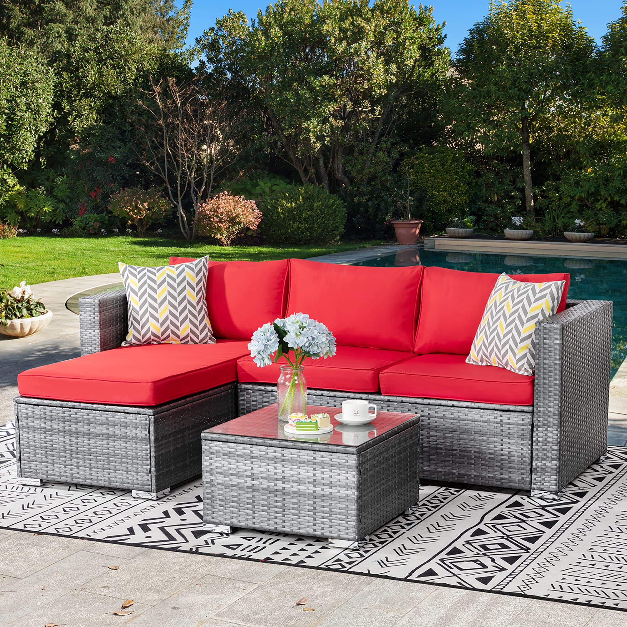 JAMFLY 3-Piece Outdoor Patio Furniture Set - All-Weather Low Back Rattan Sectional Sofa with Coffee Table & Washable Cushions (Silver Gray/Red) - Perfect for Garden, Backyard, Poolside & Balcony Relaxation
