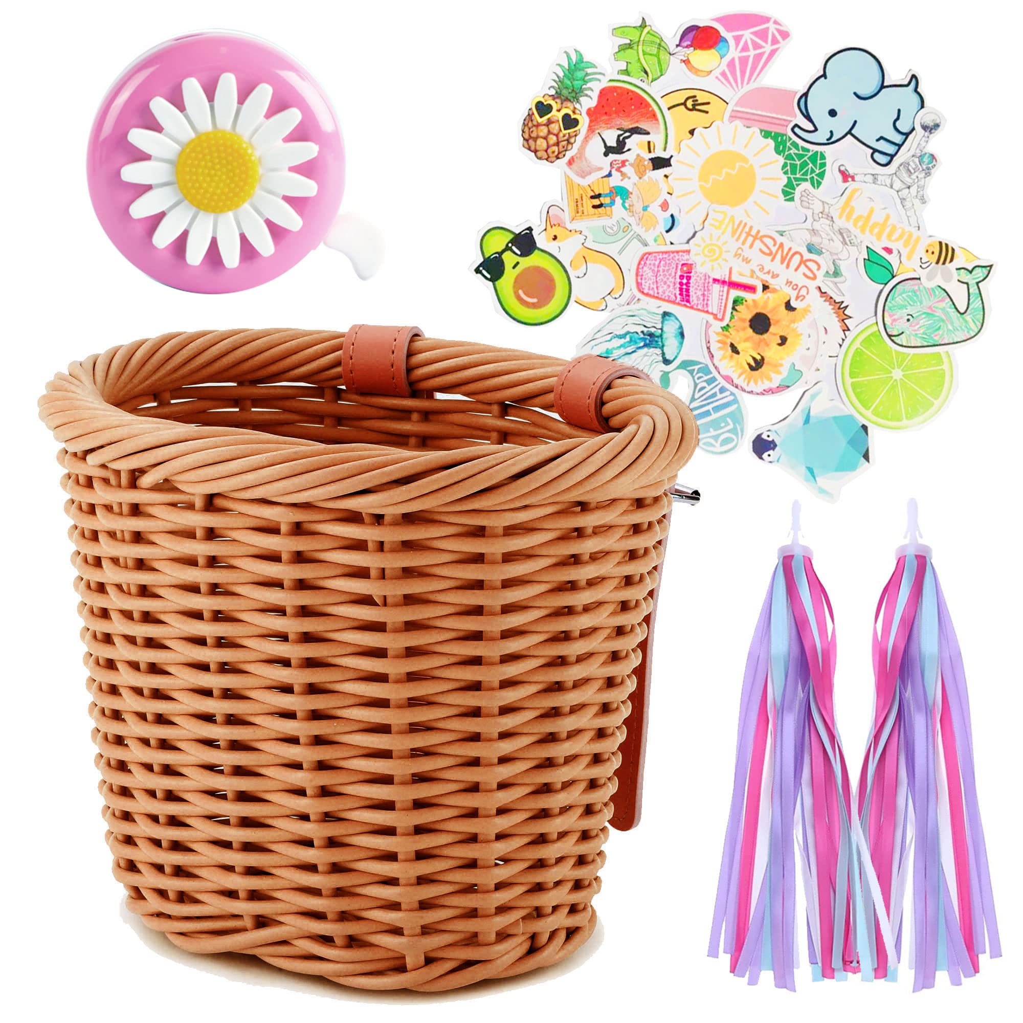 Girls Bike Basket - Front Woven Wicker Cruiser Bicycle Basket with Handlebar Streamers & Bell - Kids Cycling Accessories for Ages 3-13 - Perfect for School, Park Rides & Outdoor Adventures