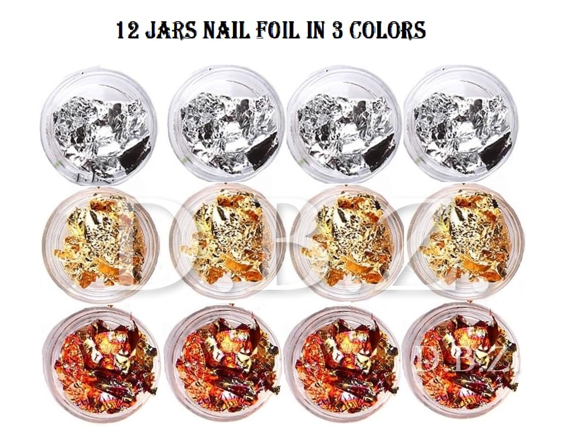 D.B.Z.® 12 Pack Gold Silver Copper Nail Foils - Shimmering Glitter Flakes & Sequins for Nail Art Designs | DIY Manicure, Salon, Party & Special Occasion Nail Decorations