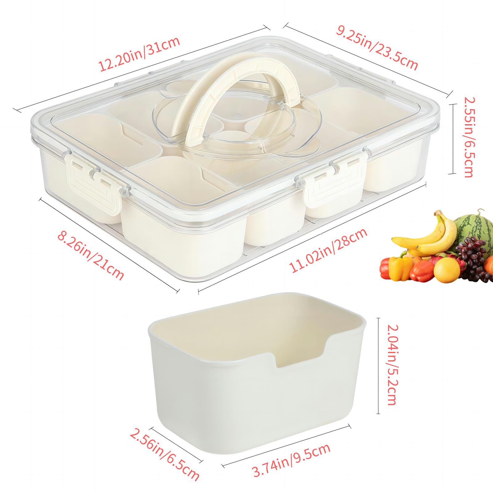 Portable Divided Snackle Box Container with Lid & Handle - 3-Compartment Serving Tray for Fruits, Candy, Treats | Perfect for Picnics, Parties, Road Trips & Office Snacks