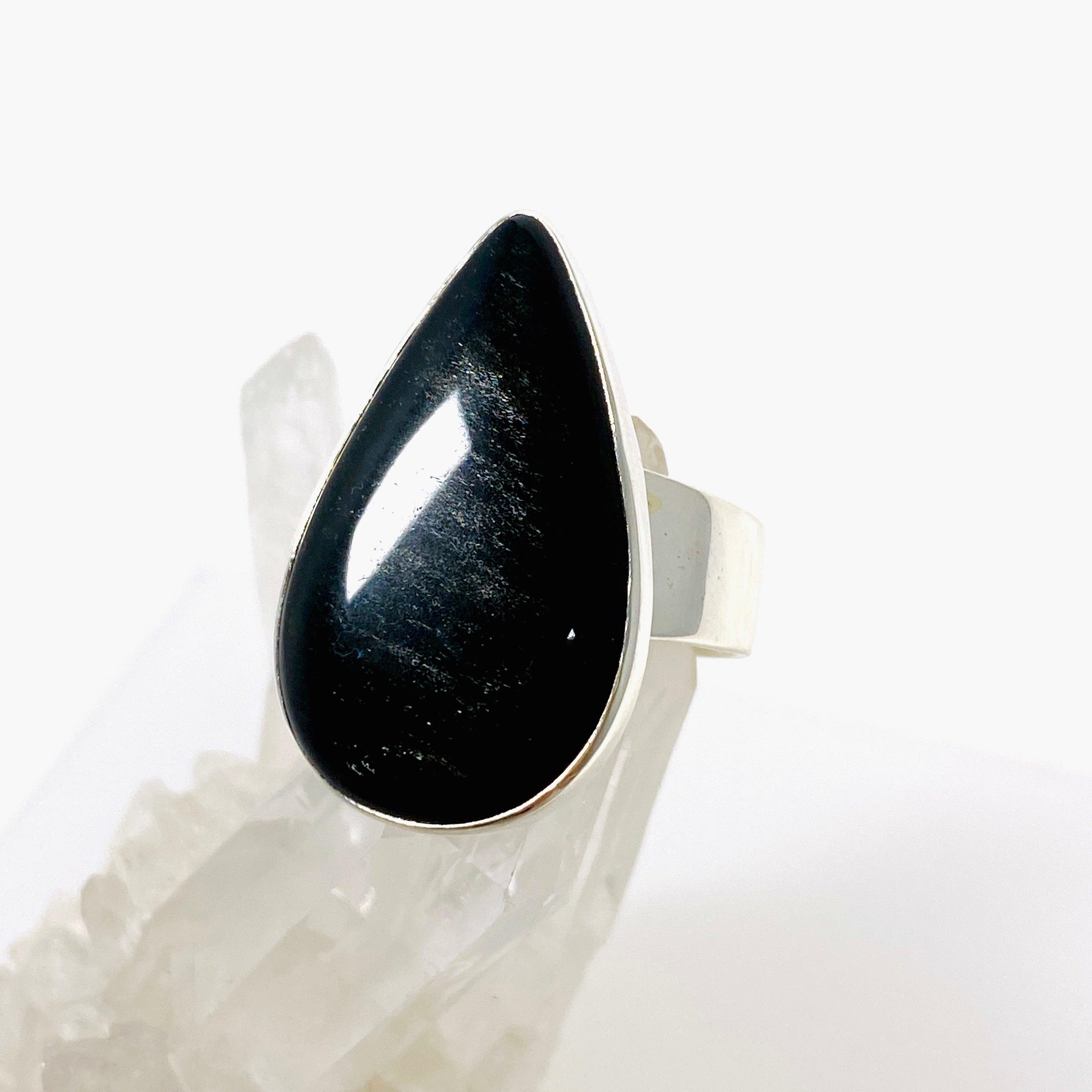 Silversheen Obsidian Teardrop Ring - Size 9 (KRGJ2925) | Elegant Gothic Jewelry for Women, Perfect for Evening Parties & Special Occasions