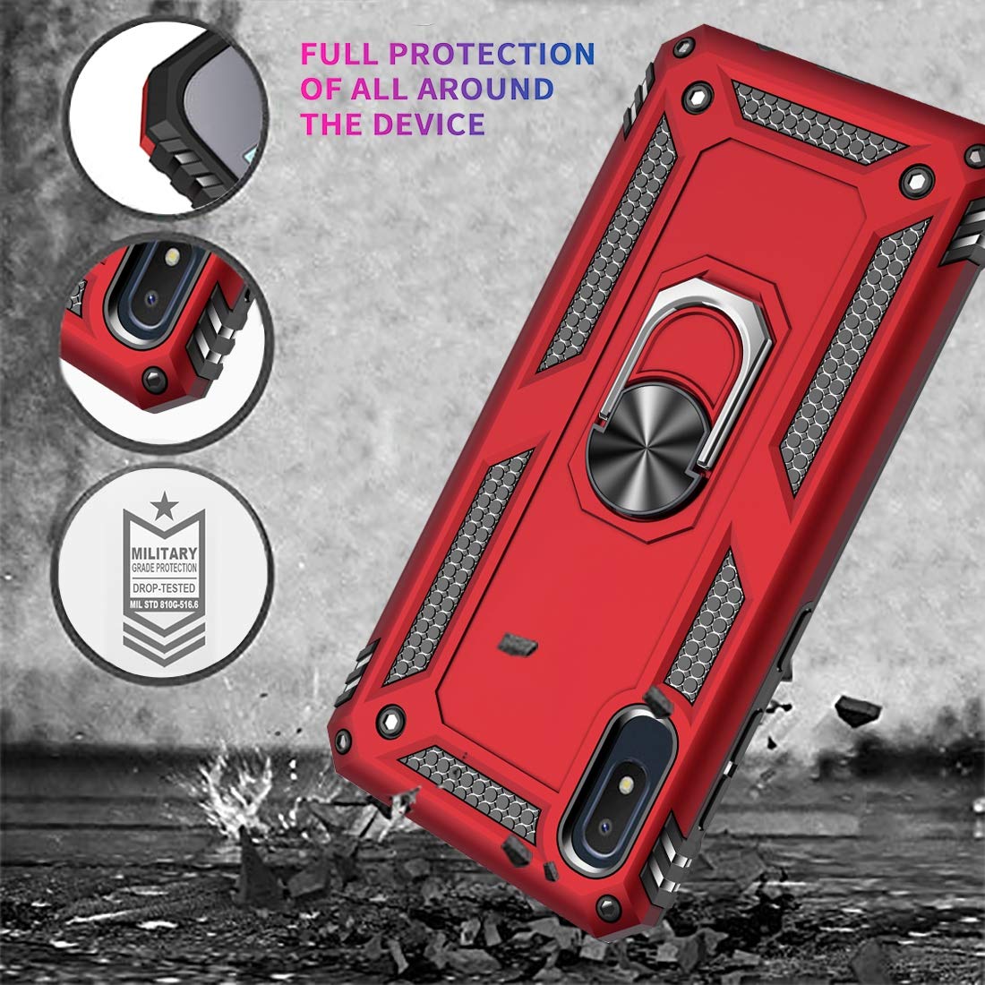 Military Grade Protective Phone Case for Samsung Galaxy A10E with Magnetic Car Mount & Kickstand - Shockproof Defender Cover for Everyday Use, Commuting and Travel (Red)