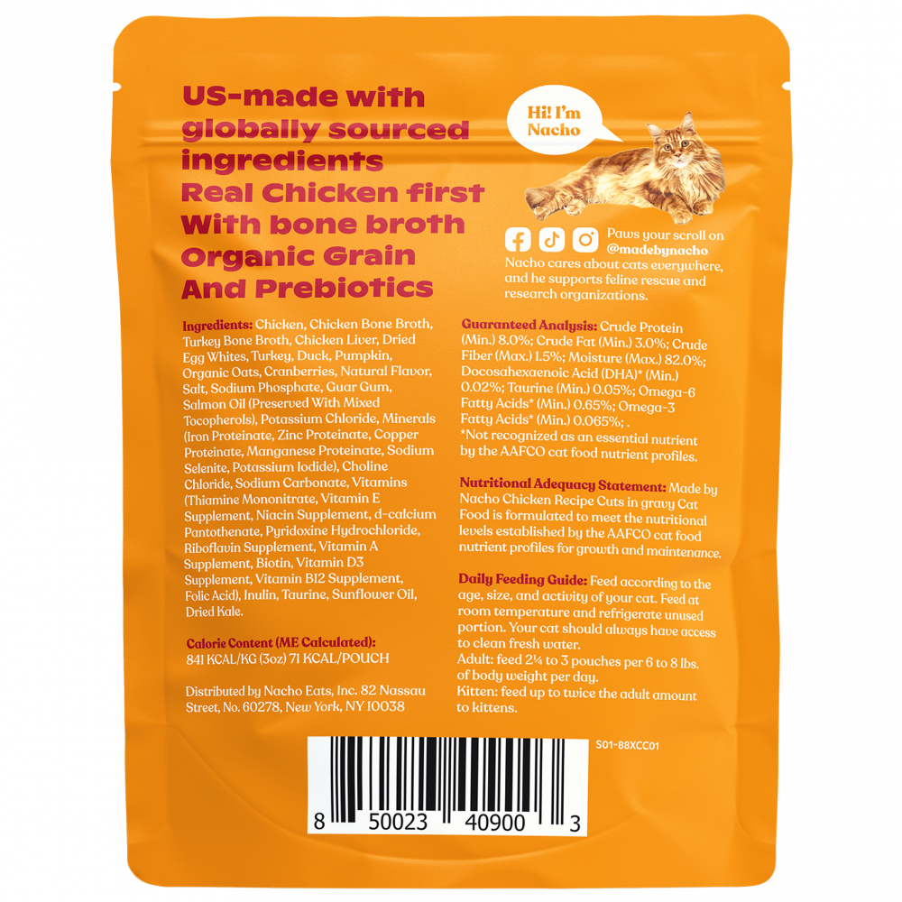 Made By Nacho Grain-Free Chicken Recipe Cuts in Gravy with Bone Broth - Premium Wet Cat Food for Adult Cats, High Protein & Natural Ingredients - Perfect for Picky Eaters & Sensitive Stomachs