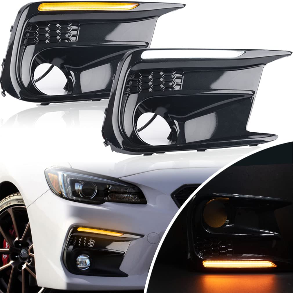 Subaru WRX STI 2018-2020 LED DRL Daytime Running Lights with Sequential Amber Turn Signals - Xenon White Fog Lamp Bezel Assembly for Front Bumper | Enhanced Visibility & Style Upgrade