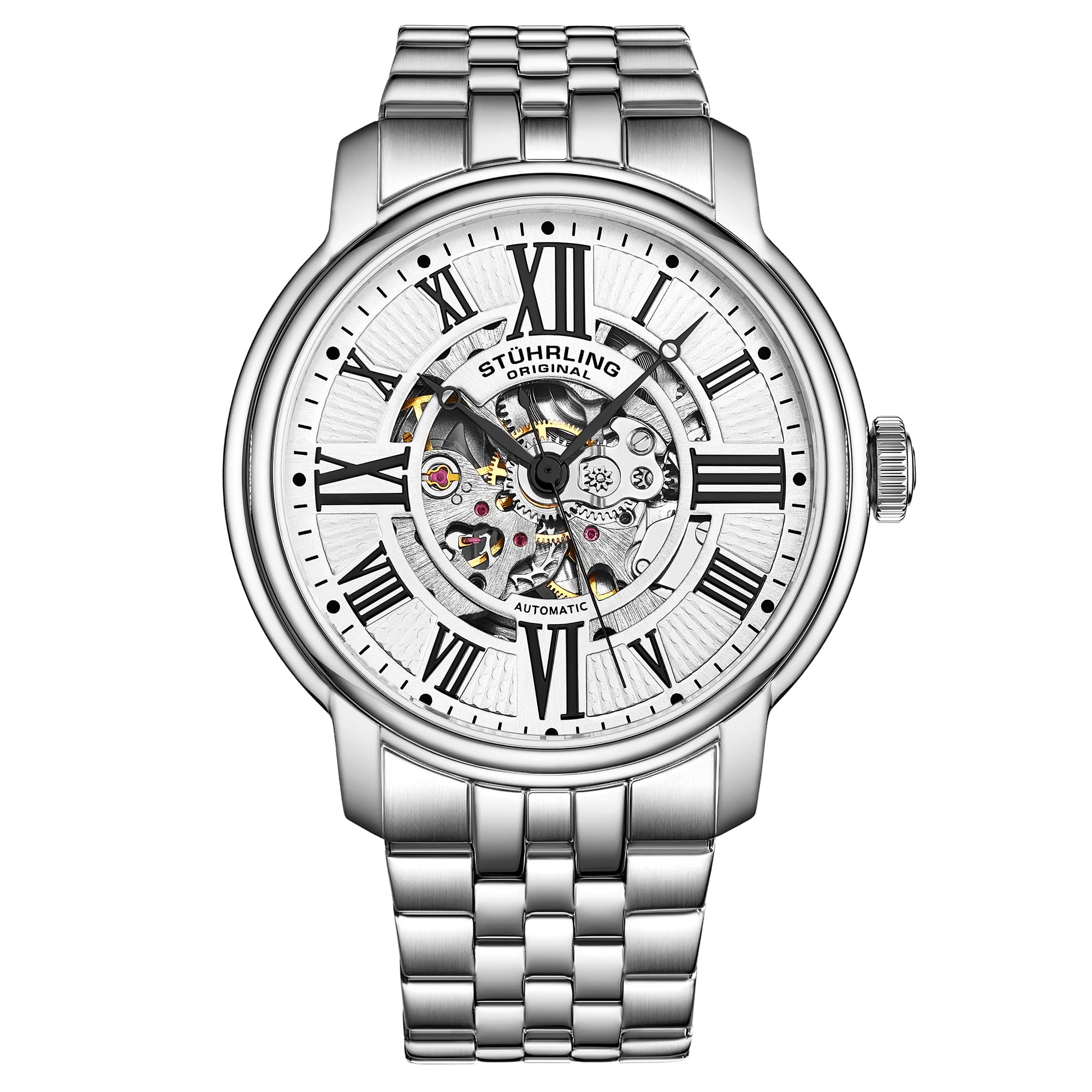 Stuhrling Atrium Men's Automatic Skeleton Watch - Silver Dial, Stainless Steel Bracelet with Roman Numerals, Exhibition Case Back - Perfect for Business, Formal Events & Luxury Gift Giving