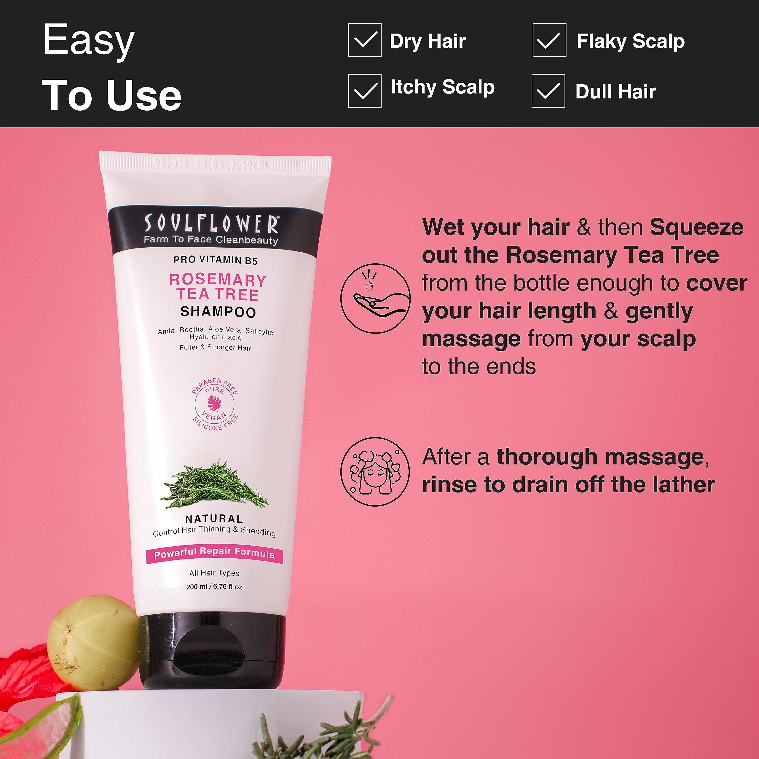 Soulflower Rosemary Shampoo for Hair Growth & Anti Hair Fall - Strengthens & Shines Hair with Tea Tree & Pro Vitamin B5 - Promotes Healthy Scalp for Men & Women (200ml) - Perfect for Daily Hair Care & Scalp Nourishment