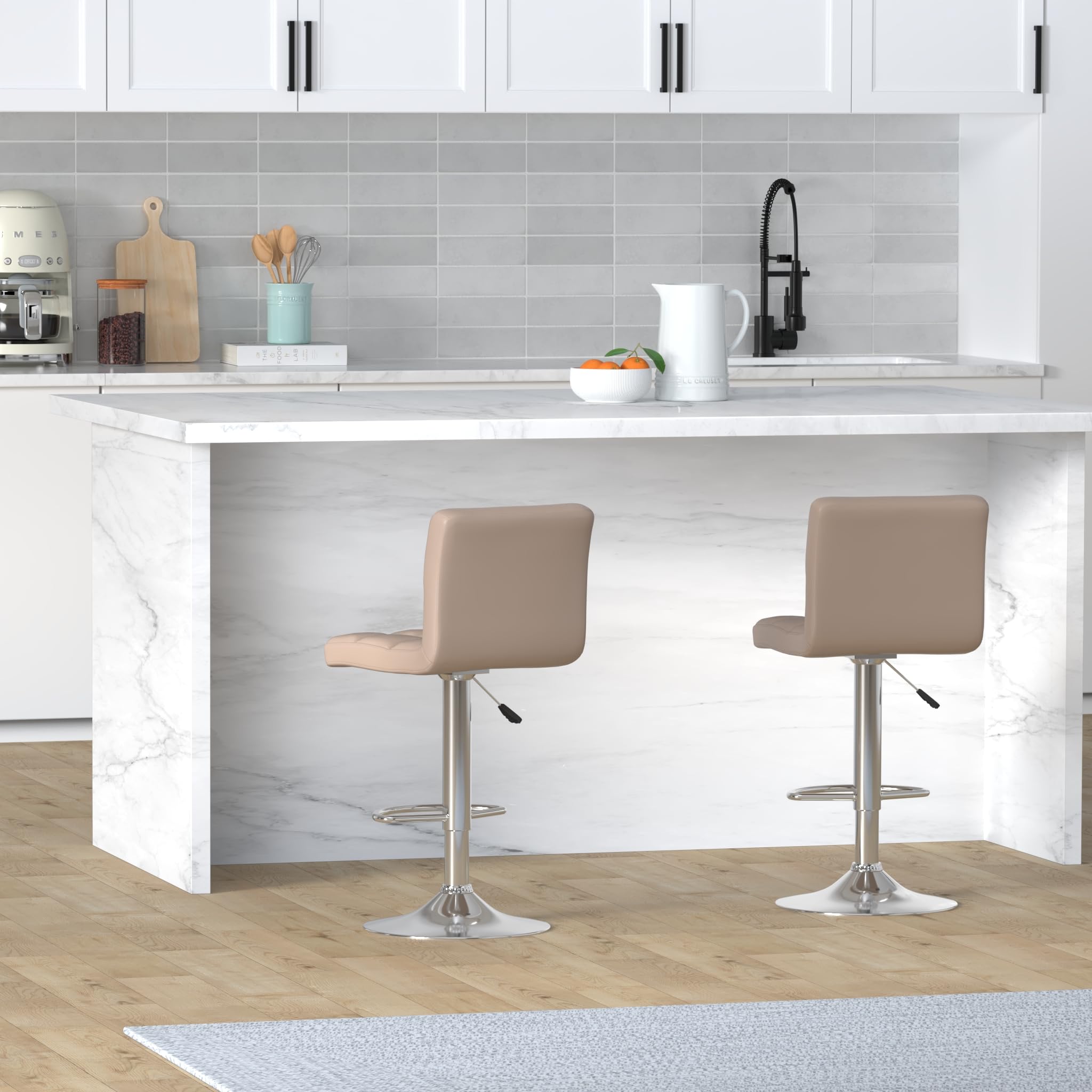 Modern PU Leather Adjustable Swivel Bar Stools with Back - Set of 2 Leopard Print Counter Stools in Khaki for Kitchen Island, Breakfast Bar & Home Decor