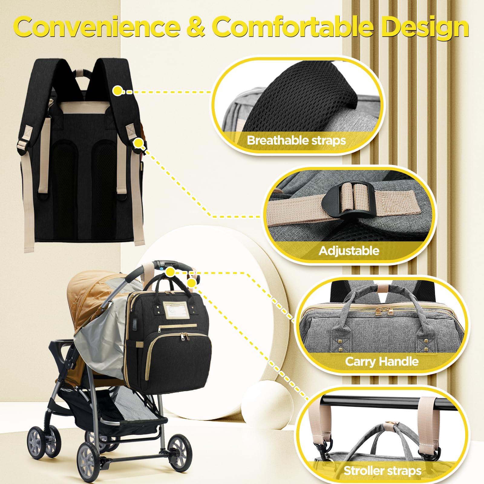Lenski Diaper Backpack for Moms - Large Baby Bag with Changing Station & USB Charging Port - Perfect Baby Shower Gift, Registry Essential & New Mom Present - Ideal for Travel, Daycare & Everyday Use with Baby