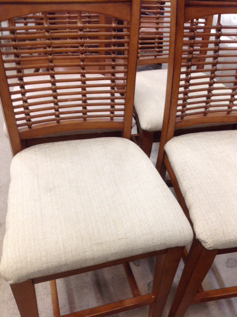 Set of 4 Wood & Tan Fabric Bar Stools - Counter Height Kitchen Island Stools for Dining Room, Breakfast Nook & Home Decor