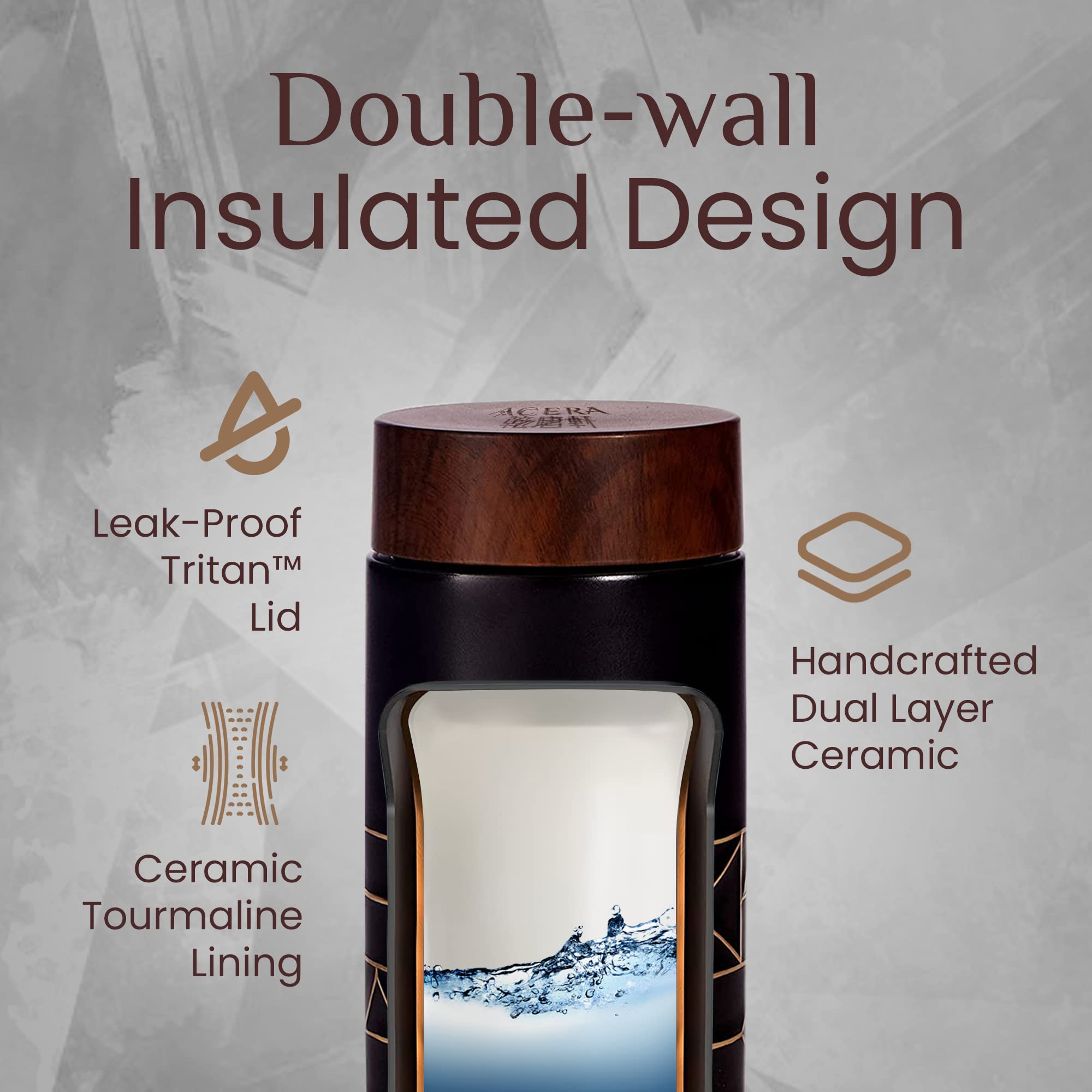 ACERA Liven - Premium Double Wall Insulated Travel Mug with Leak-Proof Lid | Ceramic Tourmaline Water Bottle for Coffee, Tea & Juice | Thermal Tumbler for Office, Gym & Outdoor Adventures (Black)