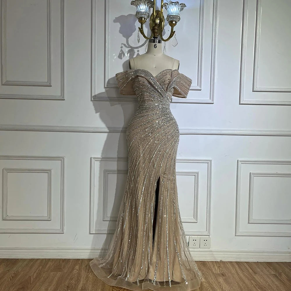 Luxury Dubai Arabic Silver Nude Mermaid Beaded Evening Gown with High Slit for Formal Occasions, Weddings, Parties & Special Events - Saudi LA72481A