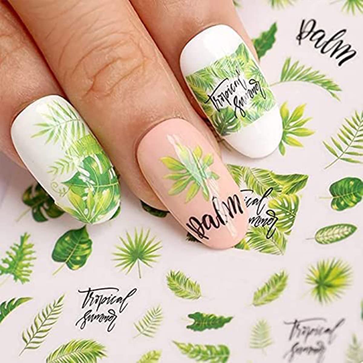 12 Sheets Summer Leaf Nail Art Stickers - 3D Self-Adhesive Nail Decals for Women, Palm Leaves & Clover Designs - Manicure Decorations & Nail Art Supplies | Perfect for Summer Nails, Beach Vacations & Tropical Themed Parties