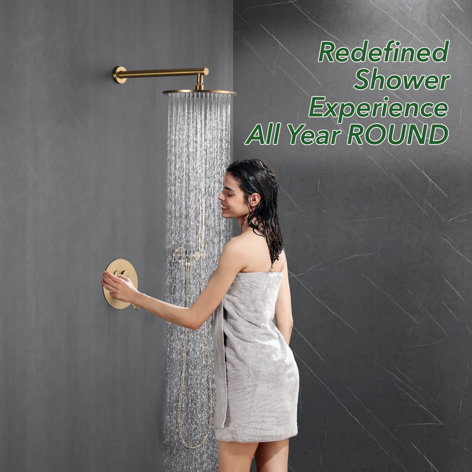 VANFOXLE Brushed Gold Shower Faucet Set - Wall Mounted Shower System with Push Button Diverter & 2-in-1 Handheld Shower Head (10 Inch, Includes Rough-in Valve Body & Trim) - Perfect for Bathroom Renovation, Modern Home Upgrade & Spa-Like Shower Experience