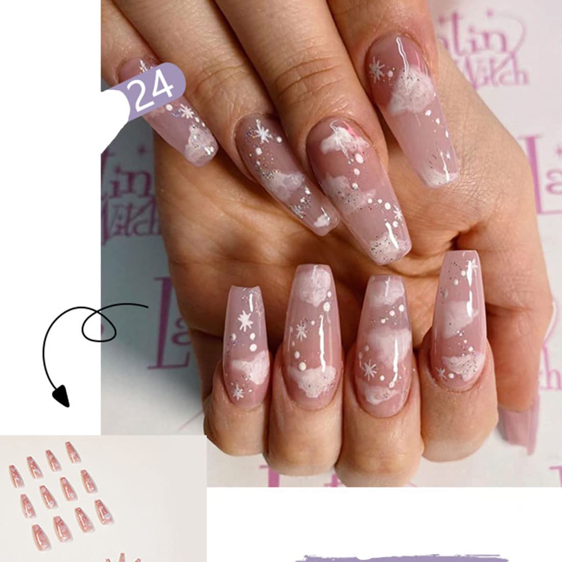 24pcs Coffin Fake Nails - Nude Gradient Press on False Nails Long Ballerina Style, Full Cover Artificial Nails for Women & Girls | Pink Glam Nail Tips for Parties, Weddings & Special Occasions