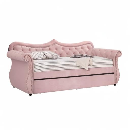 HABITRIO Twin Size Daybed with Trundle - Wood Frame, Button-Tufted Upholstery & Nailhead Trim, Curved Design Sofa Bed with Easy Pull-Out Trundle - Perfect for Small Spaces, Guest Room, Dorm or Apartment (Pink)