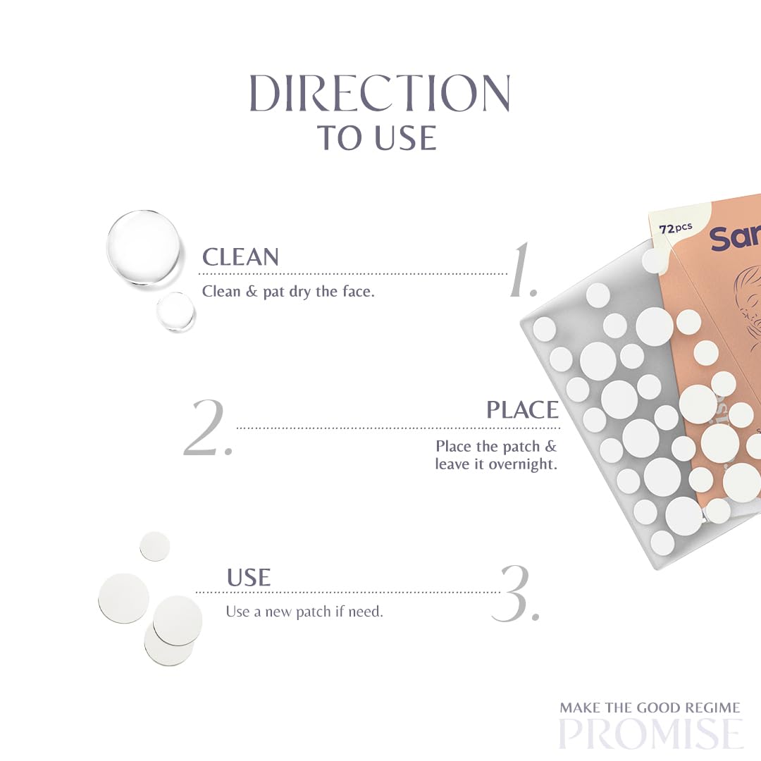 Sanfe Promise Hydrocolloid Acne Patches - Pack of 72 | Invisible Pimple Healing Patches for Face | Absorb Blemishes & Spots | Skin Treatment for Acne-Prone Skin | Perfect for Overnight Use & Daily Spot Treatment