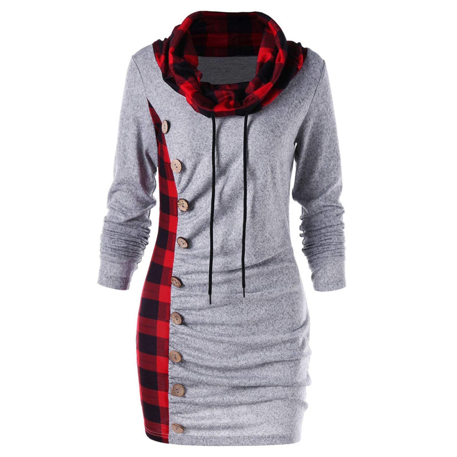 Women's Long Sleeve Funnel Neck Asymmetrical Hem Hooded Sweatshirt - Plaid Patchwork Drawstring Tunic Pullover for Casual Wear, Fall Fashion & Outdoor Activities