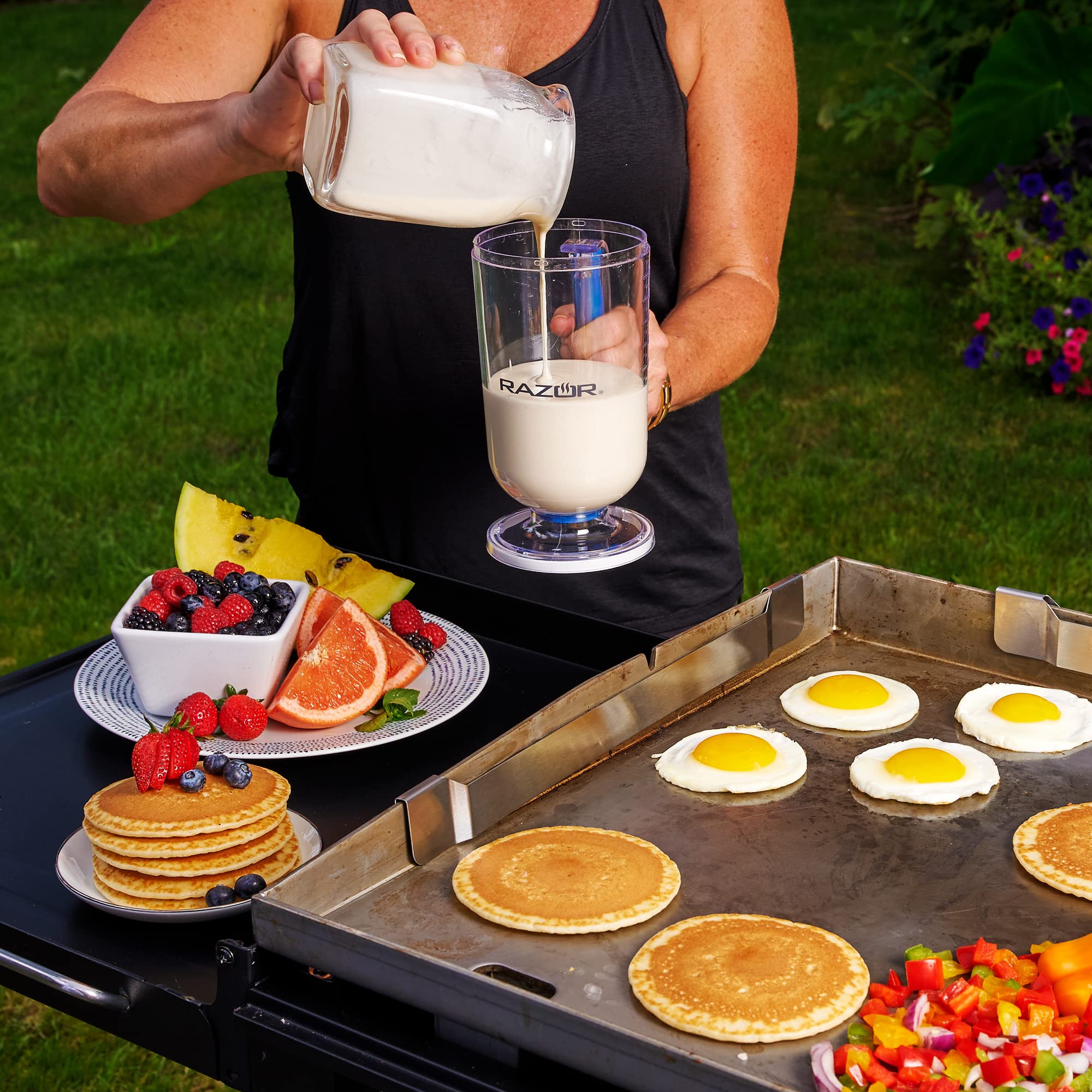 RAZOR 4-Piece Breakfast Kit for Griddle - Pancake Batter Dispenser, 2 Silicone Egg Rings & Cast Iron Griddle Press | Perfect for Camping, RV Trips & Outdoor Cooking | Non-Stick & Durable Cooking Accessories