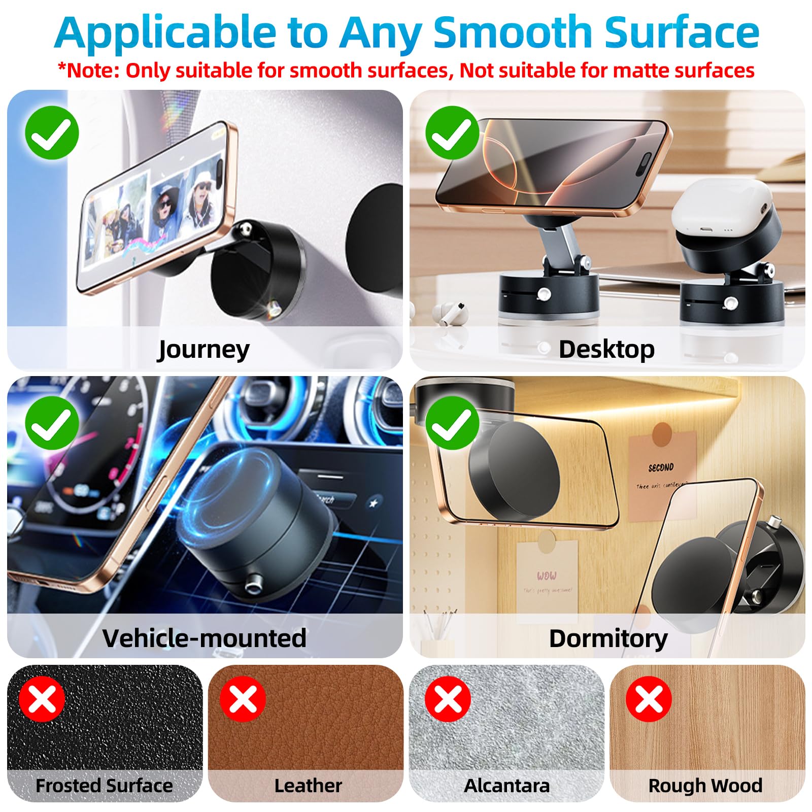 Vacuum Suction Magnetic Phone Holder - Adjustable Car Mount for iPhone 16/15/14/13/12, Foldable Stand for Gym, Shower, Mirror & Dashboard Use