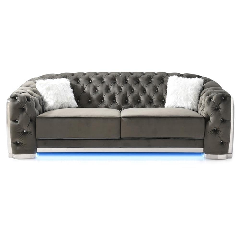 Glory Sapphire Gray Velvet Sofa with LED Accent Lighting - Modern LED Lighted Sectional Couch for Living Room, Lounge & Home Theater