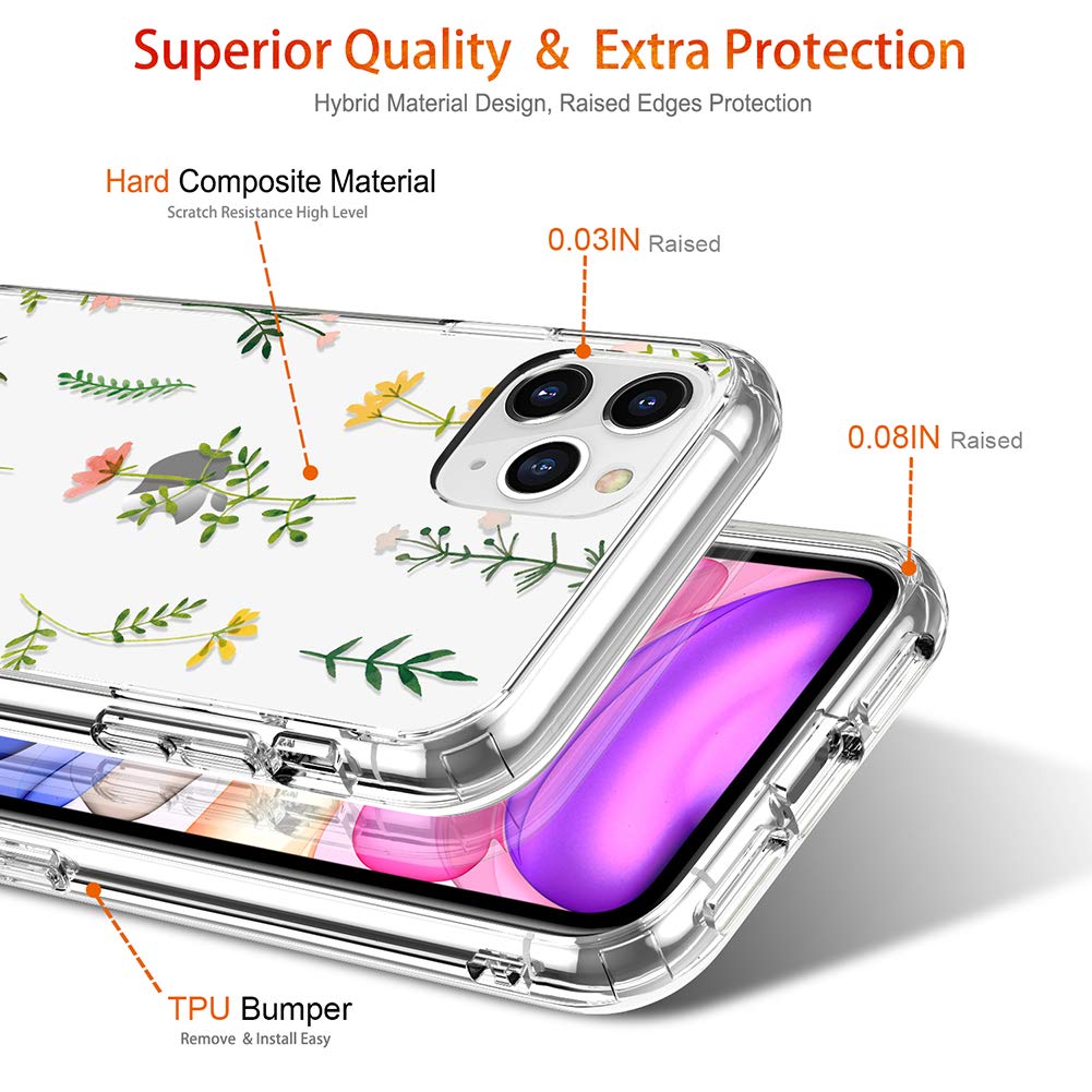 GiiKa iPhone 11 Pro Max Case with Screen Protector - Heavy Duty Clear Shockproof Phone Cover for Women, Floral Design Hard PC Case with TPU Bumper - Perfect for Everyday Protection & Outdoor Activities