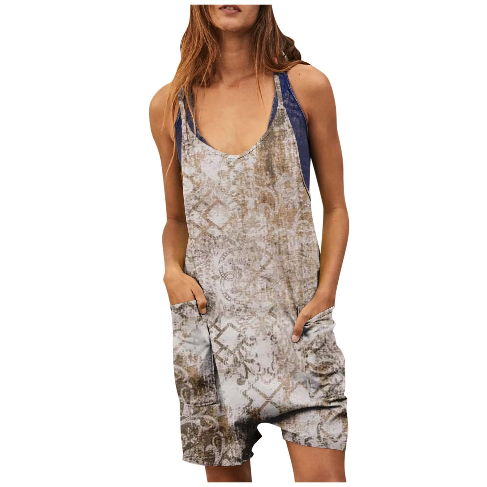 Women's Sleeveless Harem Jumpsuit with Strap Print & Pockets - Casual Zipper Decorative Romper Pants (Sizes S-3XL) | Perfect for Summer Outings, Beach Vacations & Boho Fashion
