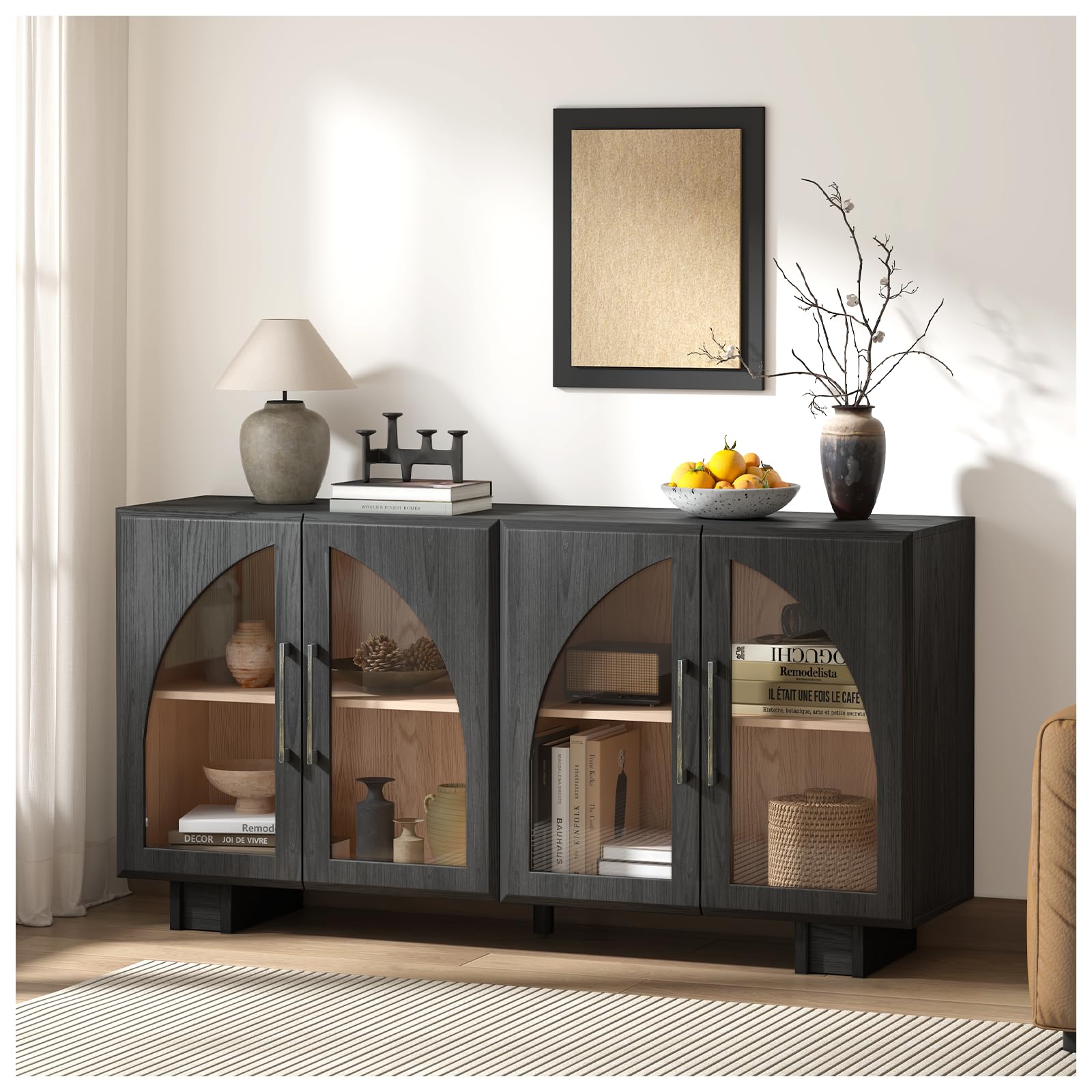 Modern Accent Cabinet with Glass Doors & Adjustable Shelves - Sideboard Buffet Storage Cabinet for Living Room, Entryway, Dining Room - Black Arched Credenza for Home Decor & Organization