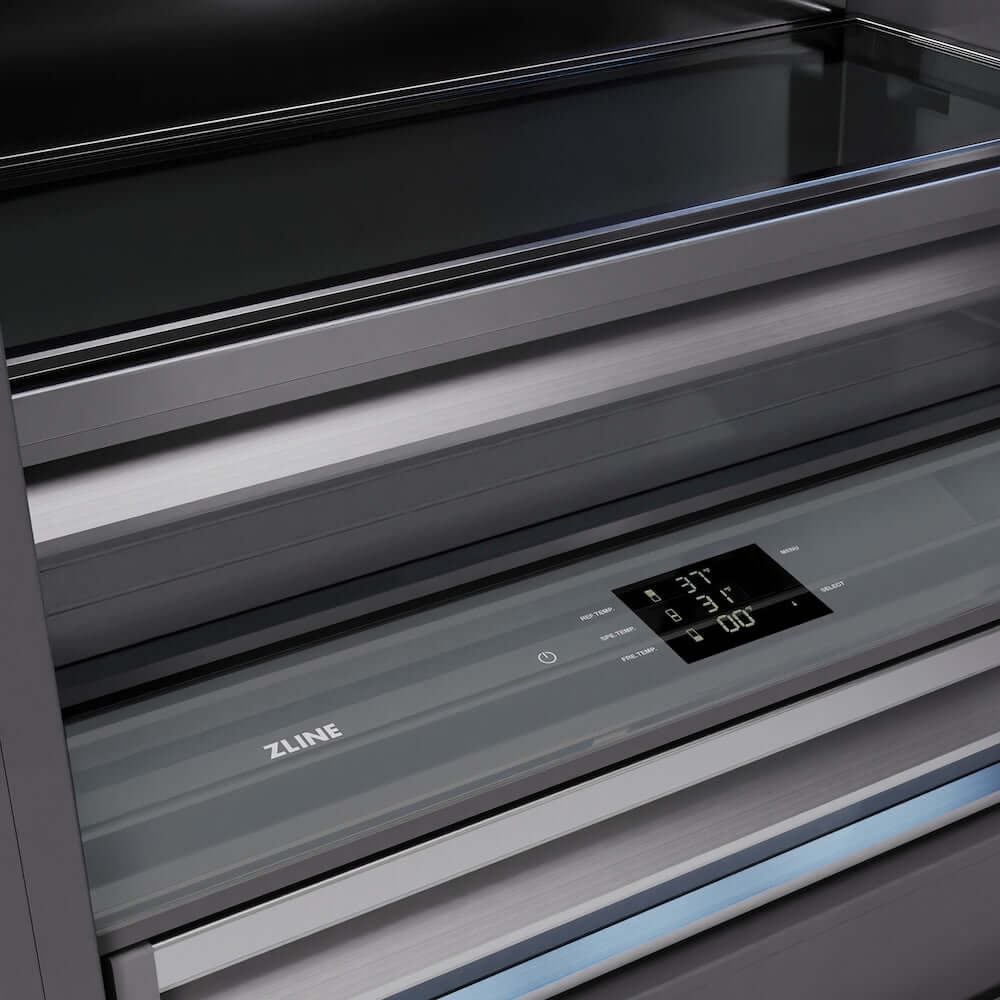 ZLINE Autograph Edition 36 Inch Built-In Bottom Freezer Refrigerator - 19.8 cu ft Capacity with Ice Maker & Water Dispenser - Stainless Steel Exterior with Graphite Gray Interior & Matte Black Accents (GRBITZ 304 36MB) - Perfect for Modern Kitchens & Open-Concept Homes