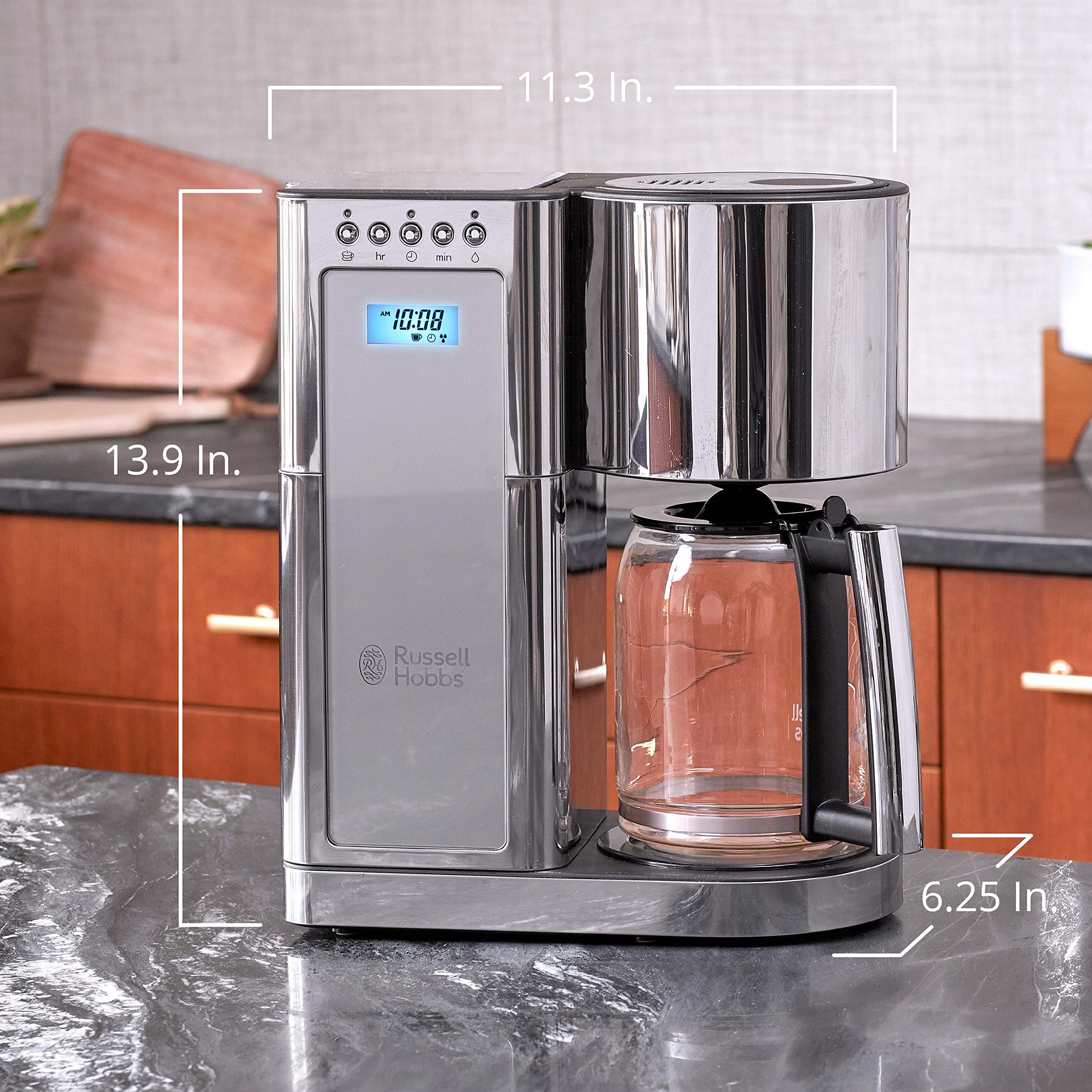 Russell Hobbs CM8100GYR 8-Cup Glass Coffee Maker - Stainless Steel & Silver Drip Coffee Machine for Home, Office & Breakfast Use